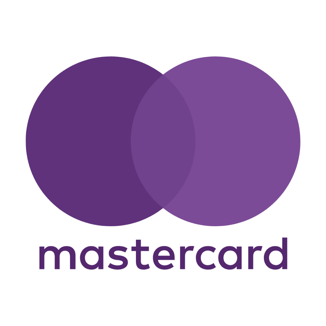 Het Mastercard-logo met twee overlappende paarse cirkels en de tekst 'mastercard' eronder.