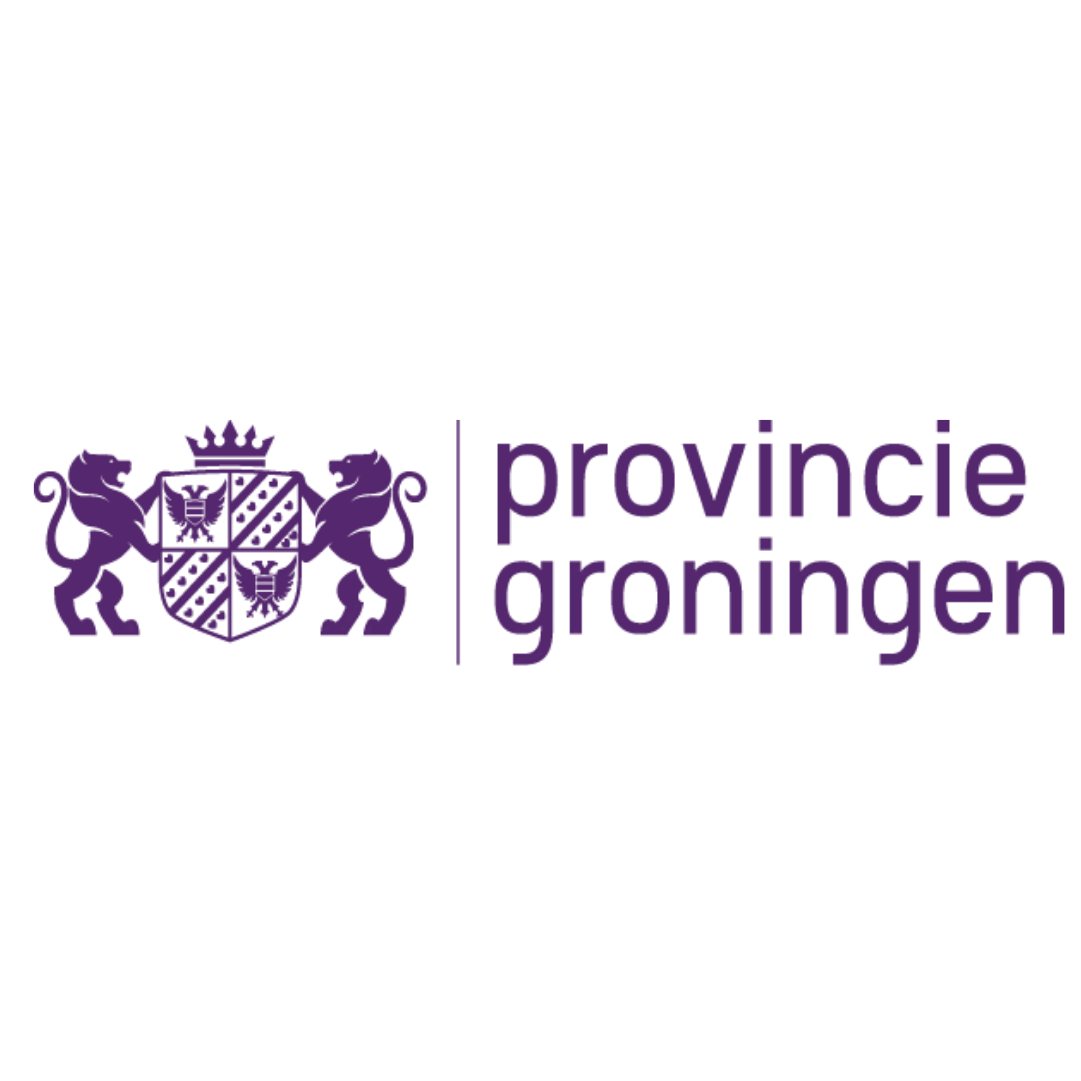 Logo van de provincie Groningen met een azuurblauw schild, twee leeuwen aan weerszijden en de tekst 'provincie groningen' in paarse letters.