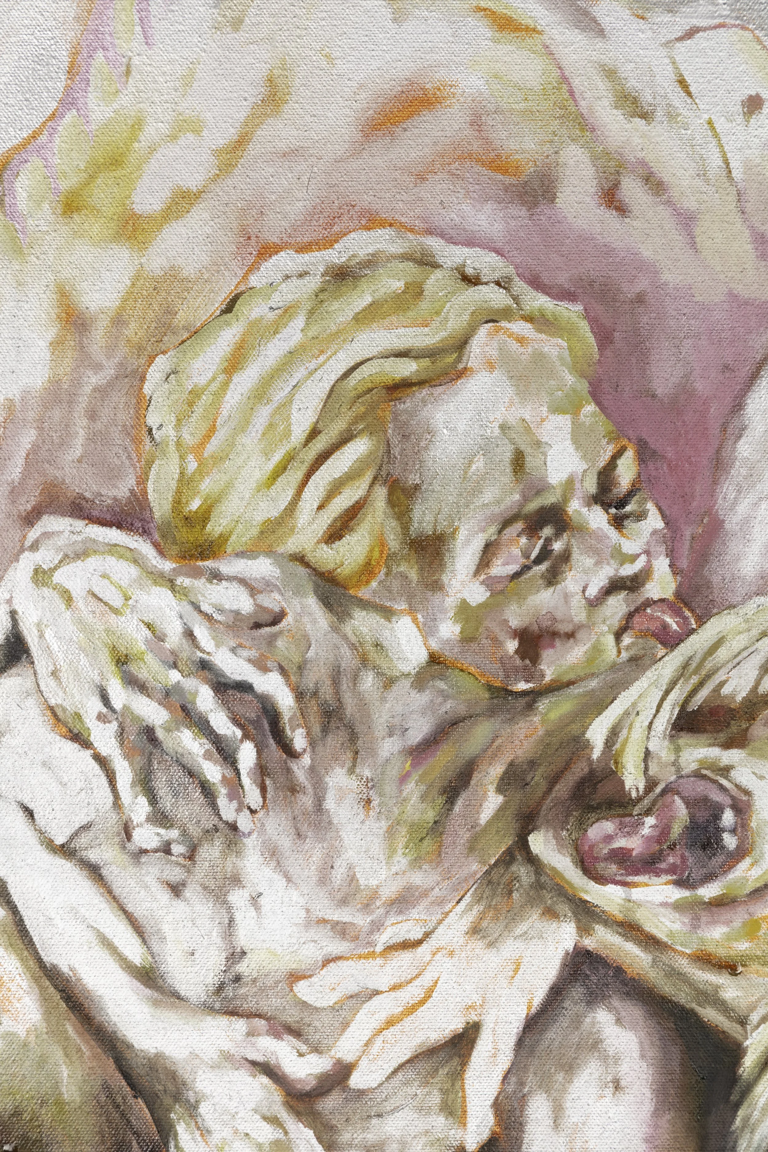 Watercolor painting of a woman resting her head on her hand with expressive brushstrokes and warm colors.