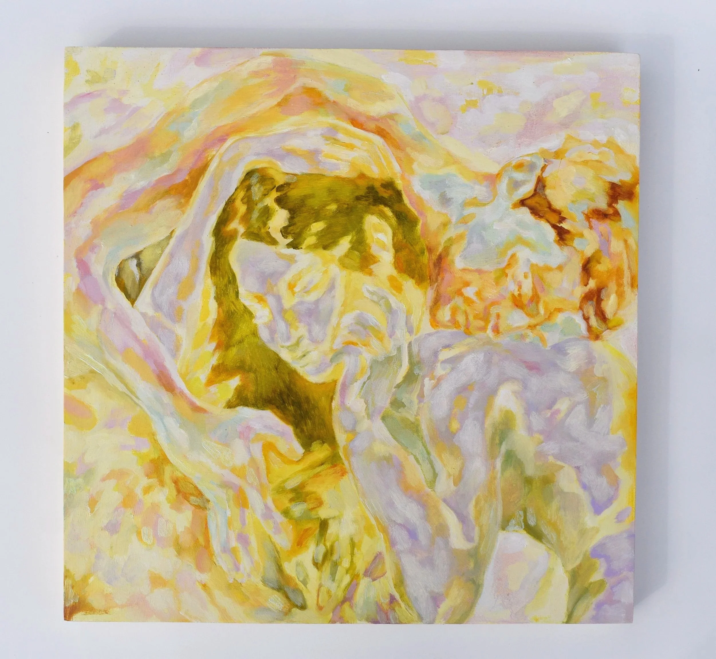 An abstract painting of two women, one with dark hair and the other with light hair, with pastel shades of yellow, orange, pink, and purple.