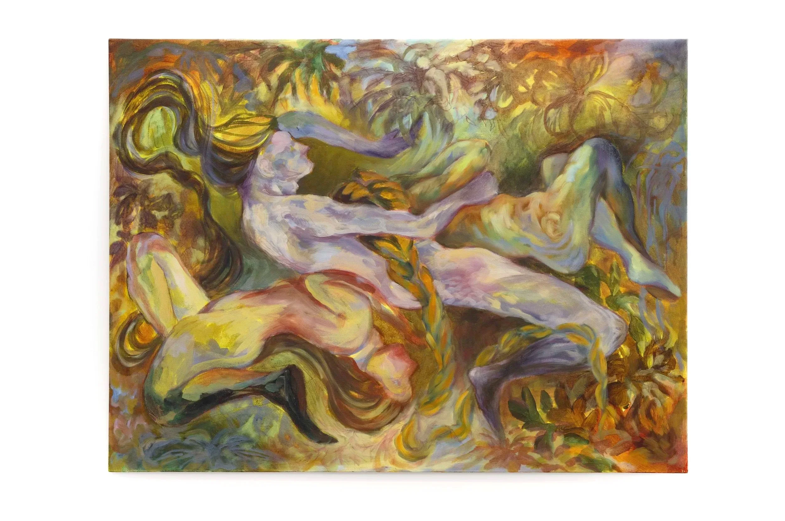 Abstract painting of a reclining woman with flowing hair in a colorful, swirling background.