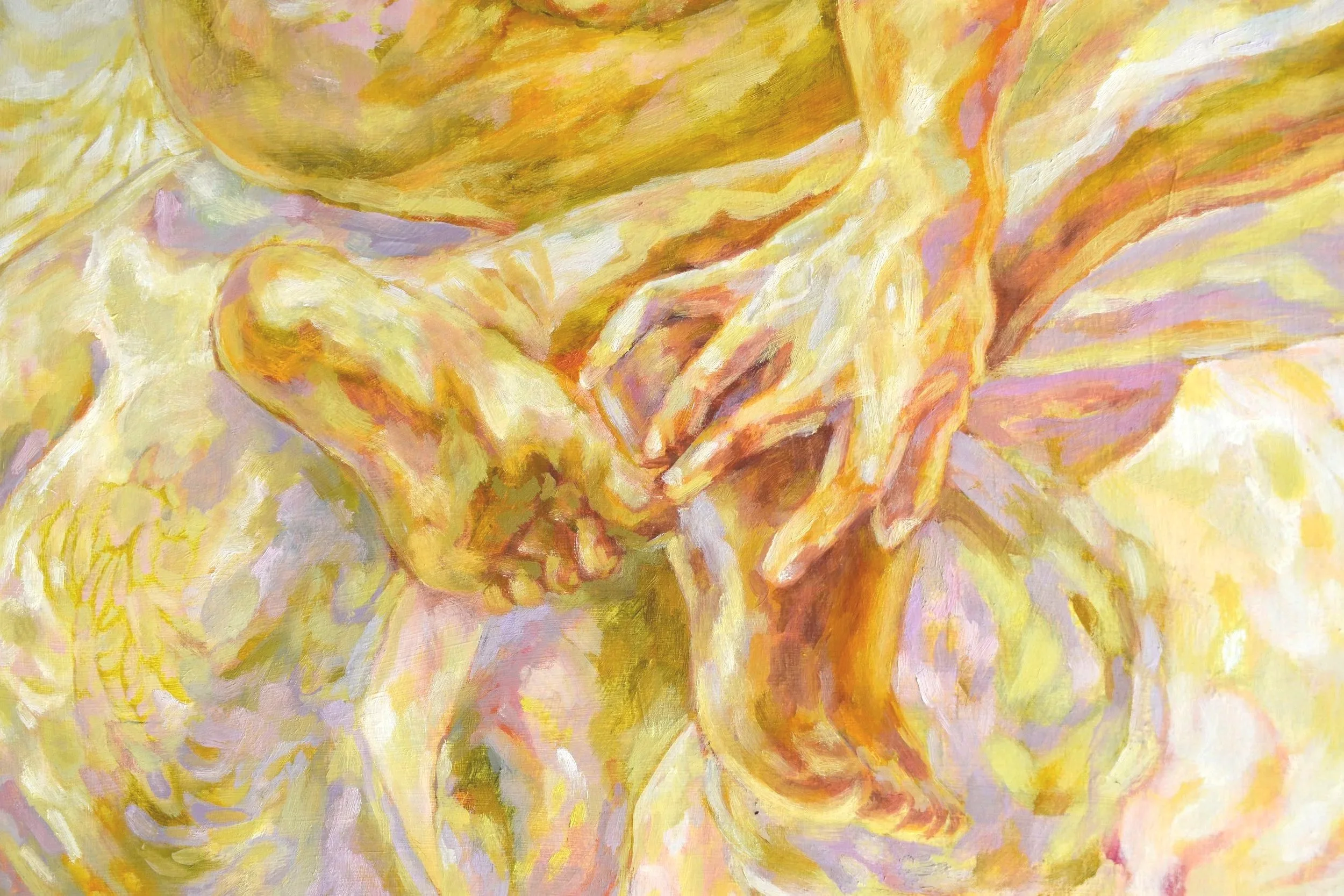 An impressionistic painting of two hands holding each other, rendered with warm yellow, orange, pink, and purple tones.