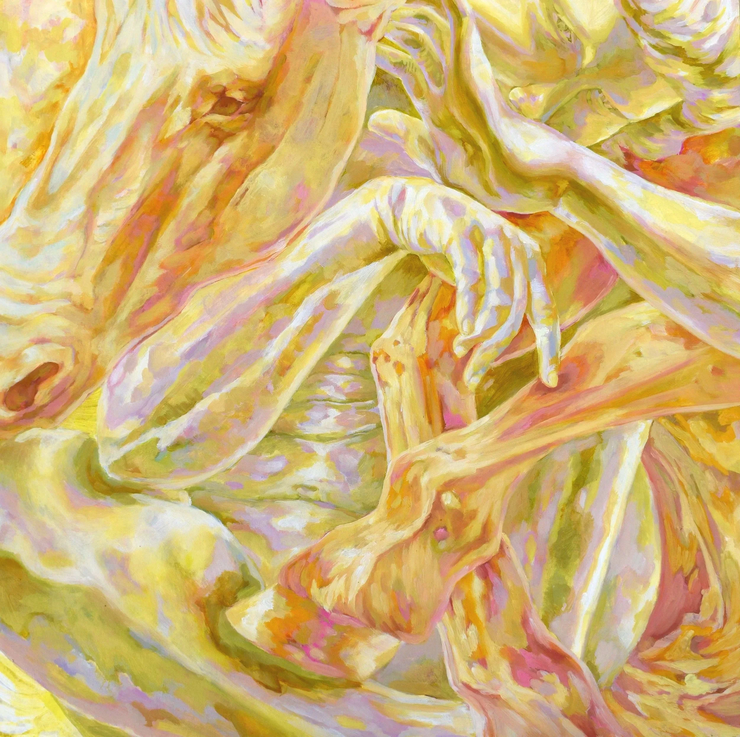 A painting of intertwined, abstracted human figures with a focus on the hands, in warm pastel tones of yellow, pink, and orange.