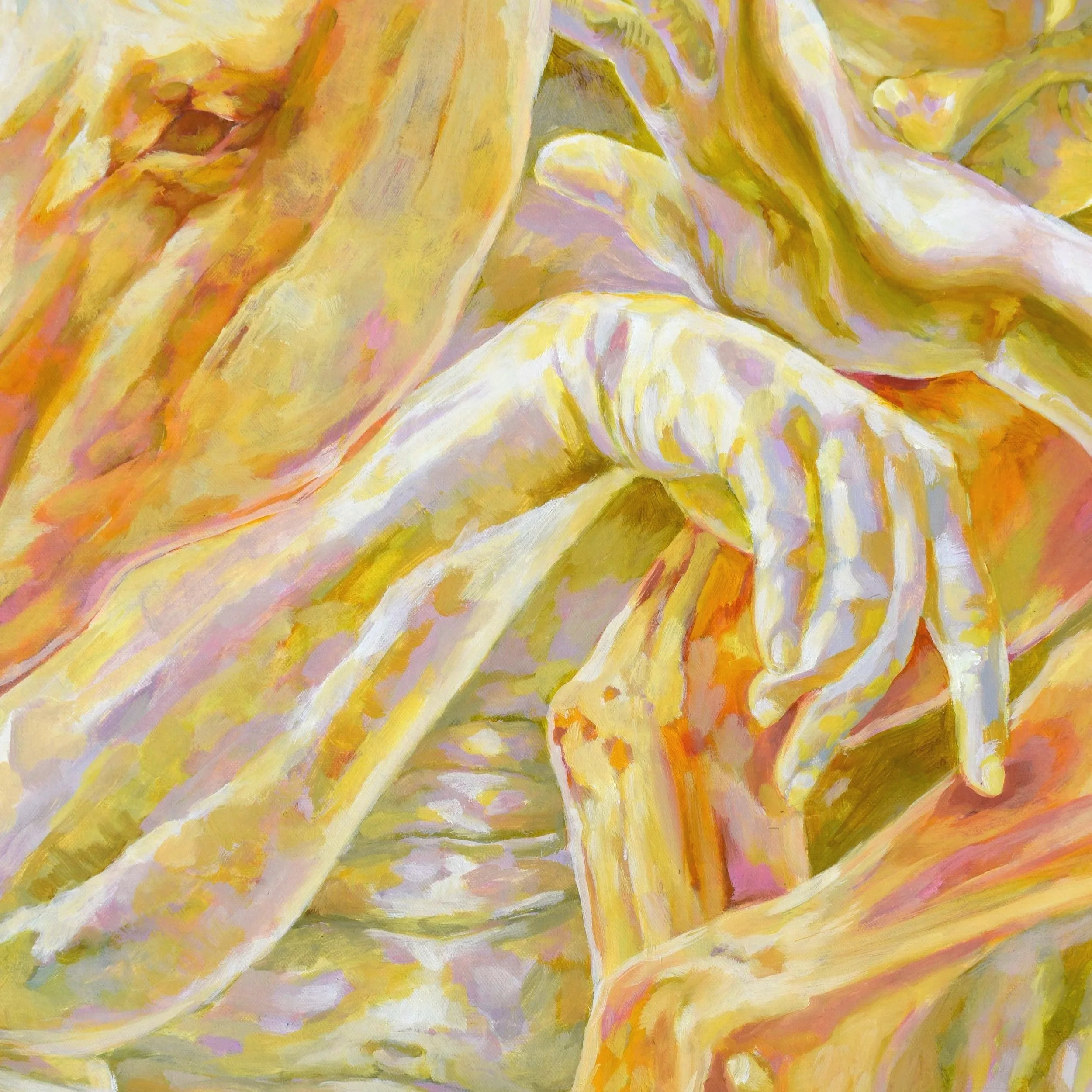 A painting of intertwined hands using warm colors, emphasizing texture and contours.