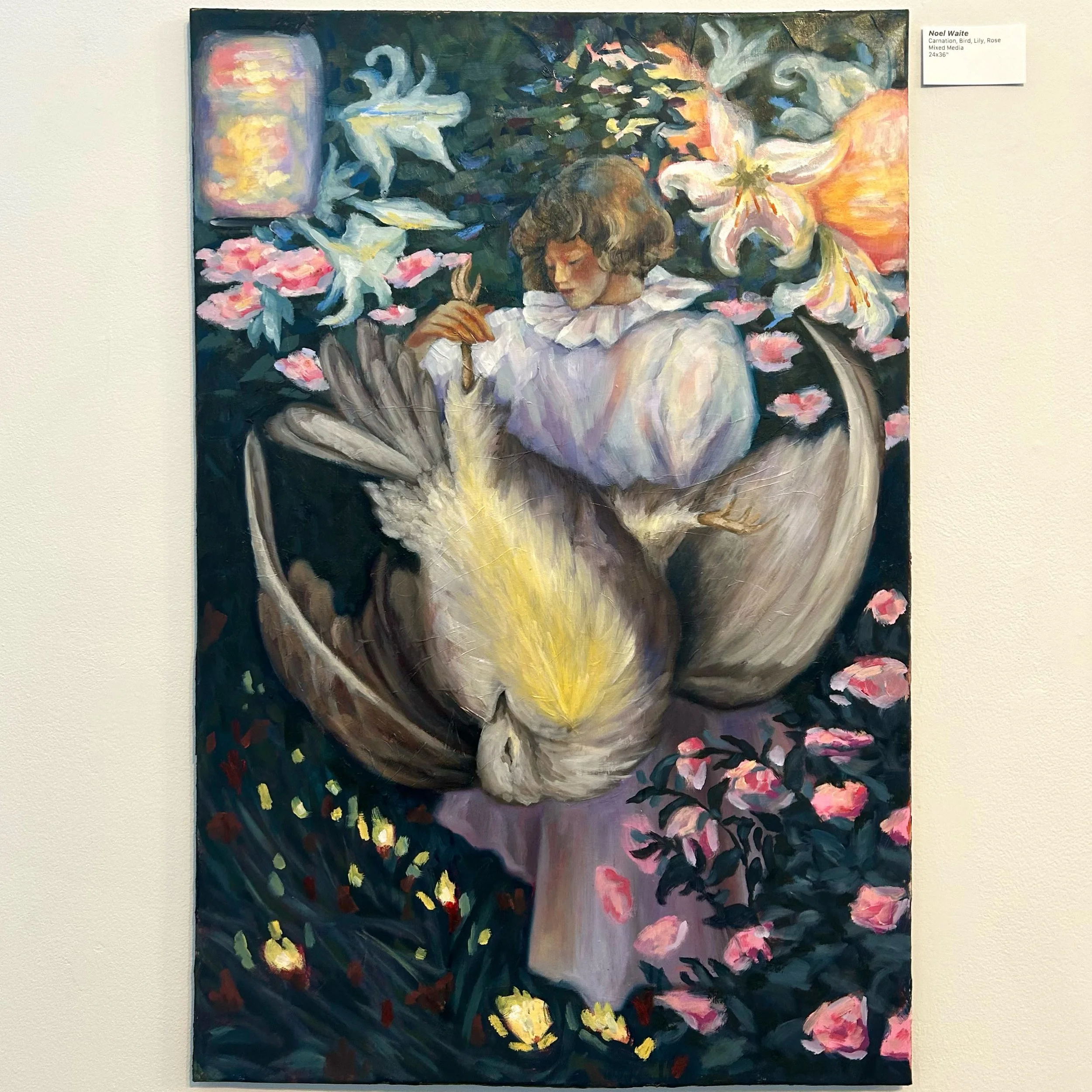 Painting of a young woman with short brown hair, wearing a white blouse with ruffled collar, surrounded by large white lilies and pink flowers, holding a vulture with a glowing yellow energy emanating from its head.