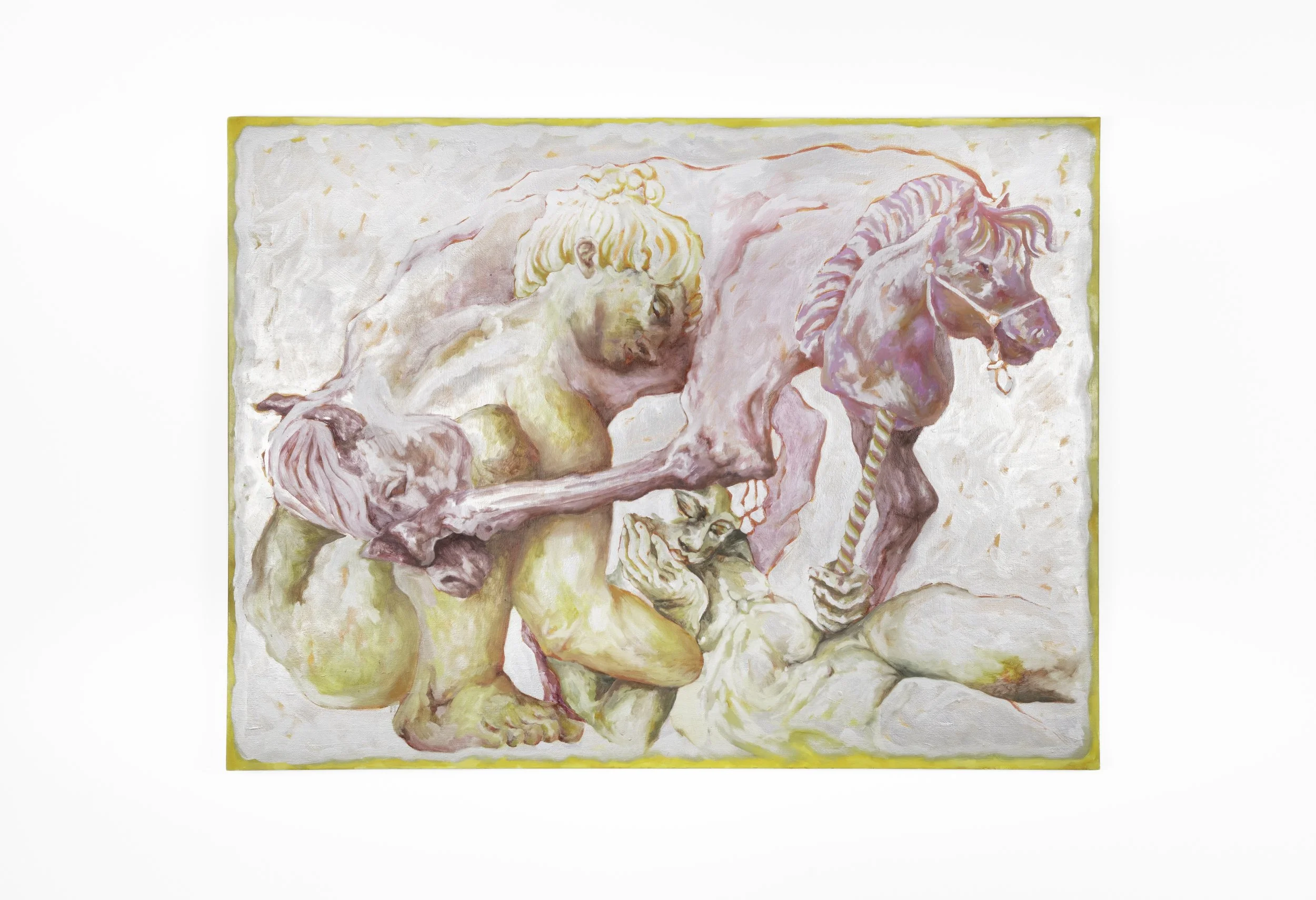 A painting of a classical sculpture with a modern twist, featuring a kneeling woman with a child's face, a large pink horse, and skeleton-like figures with a pastel color palette.