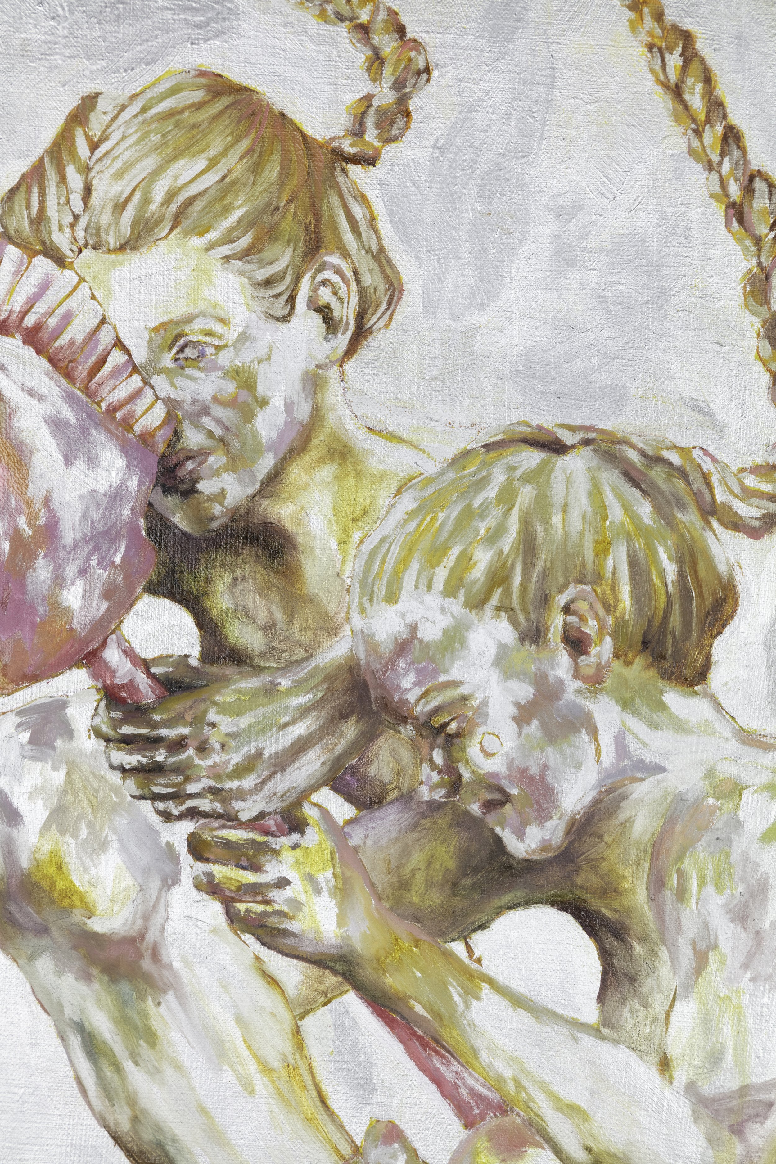 Painting of two children, one with braided hair, holding and comforting the other with downcast eyes.