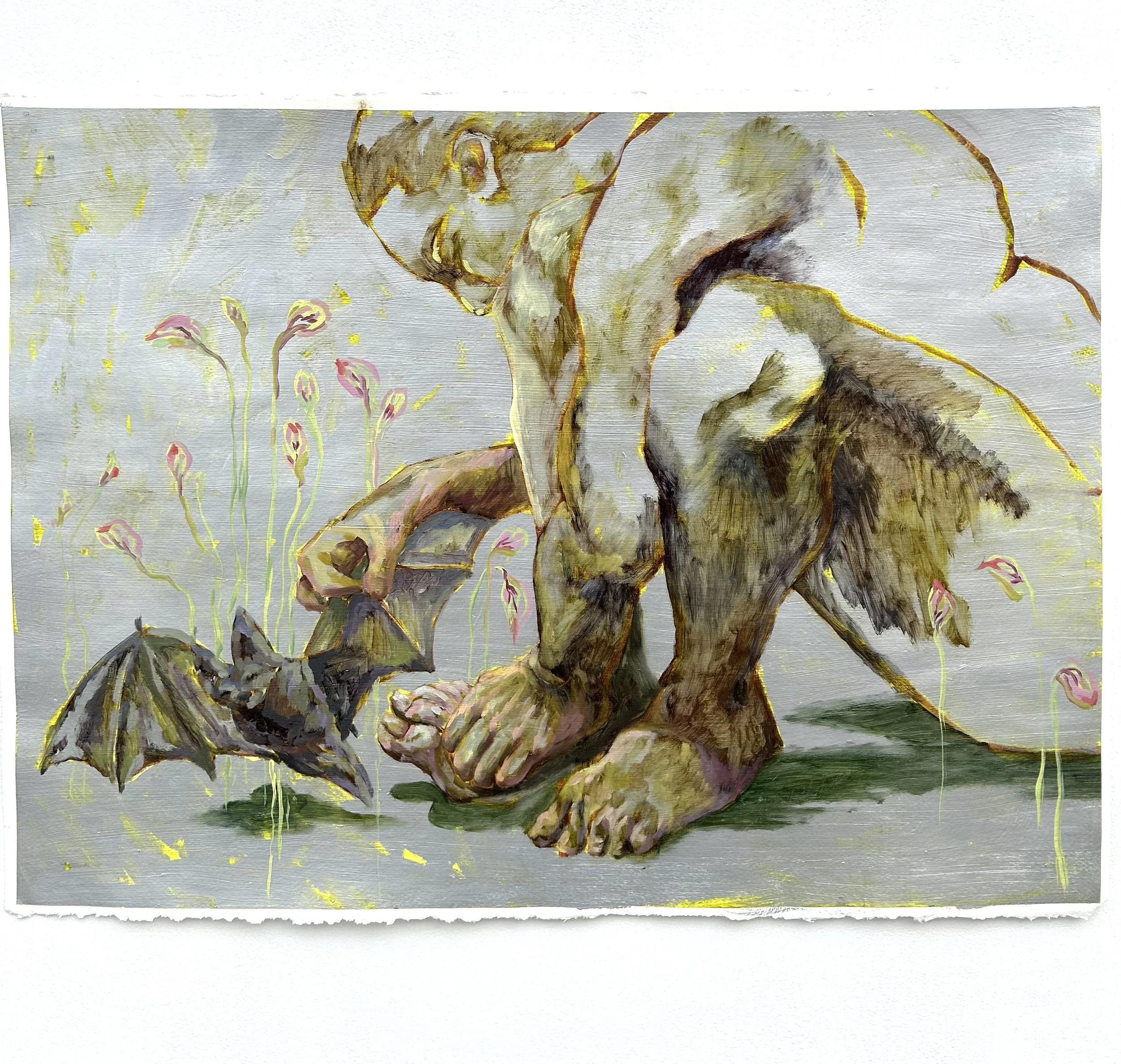 Painting of a man with a beard sitting on the ground with his head bowed, lifting his hand to touch a small bat, with pink flowers and yellow accents surrounding him.