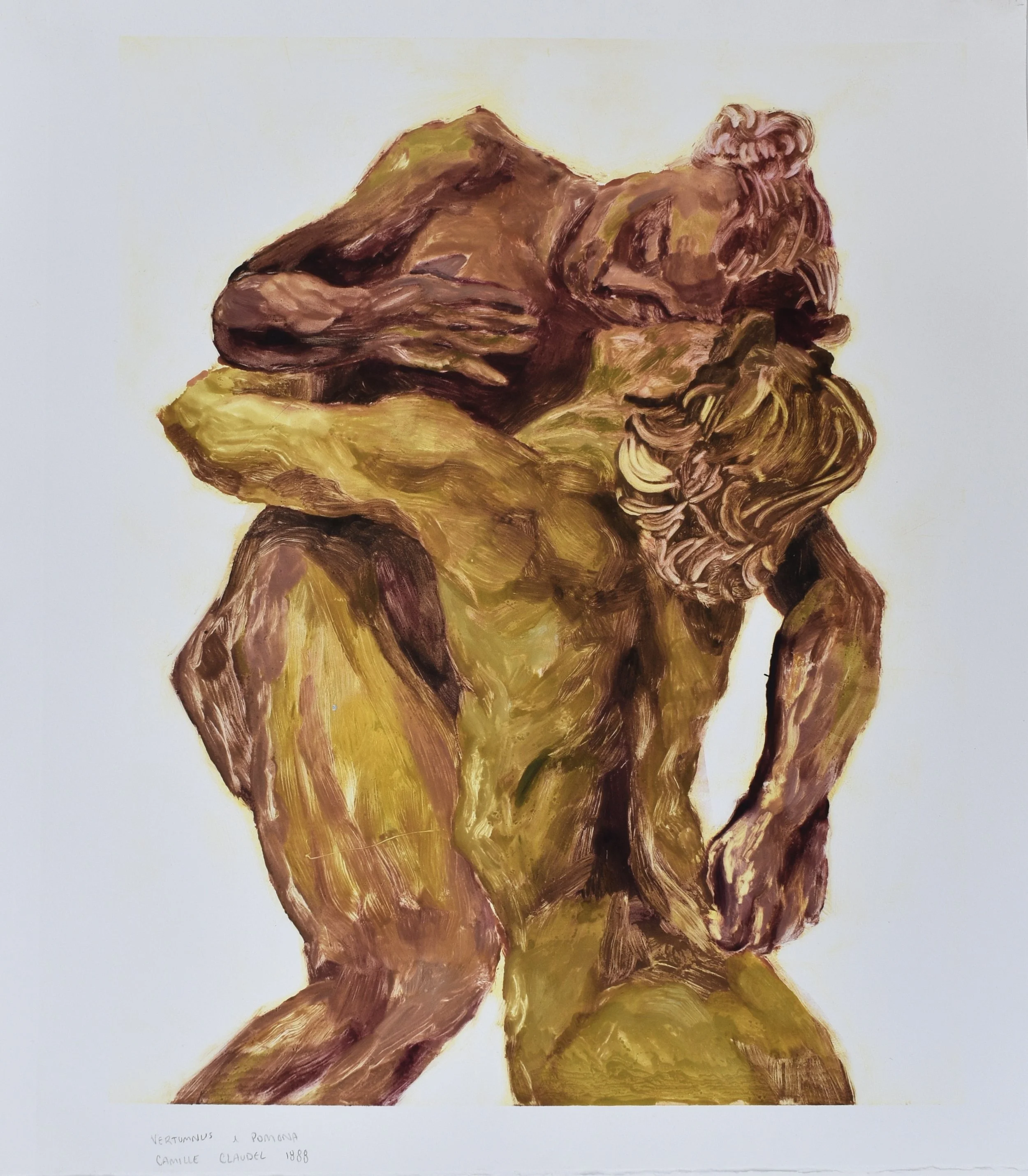 An abstract painting of a muscular male figure with a beard, painted in earthy tones, posed with one arm raised and the other holding a spherical object.