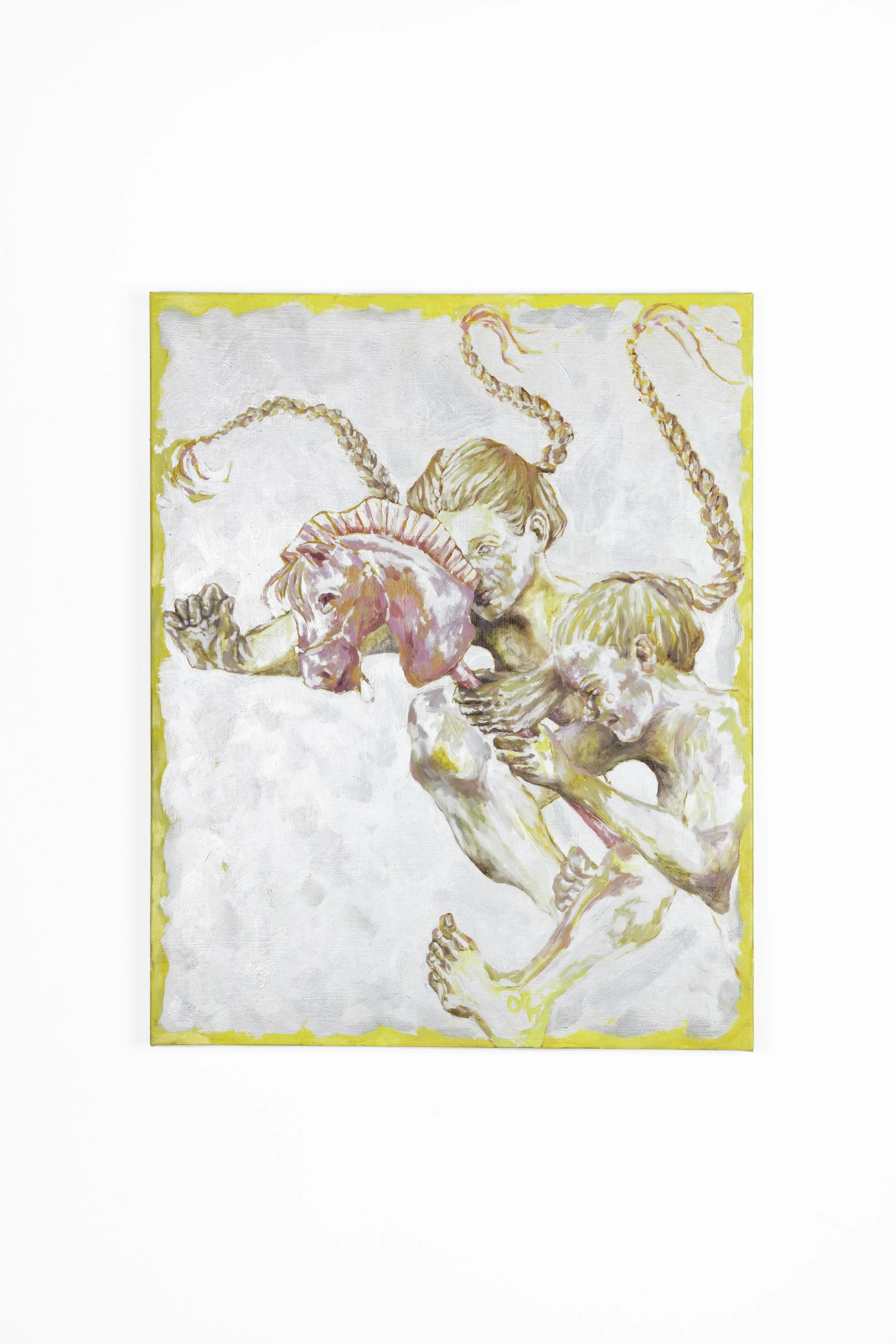 Painting of two children wrestling or fighting with each other, with a yellow border around the artwork.