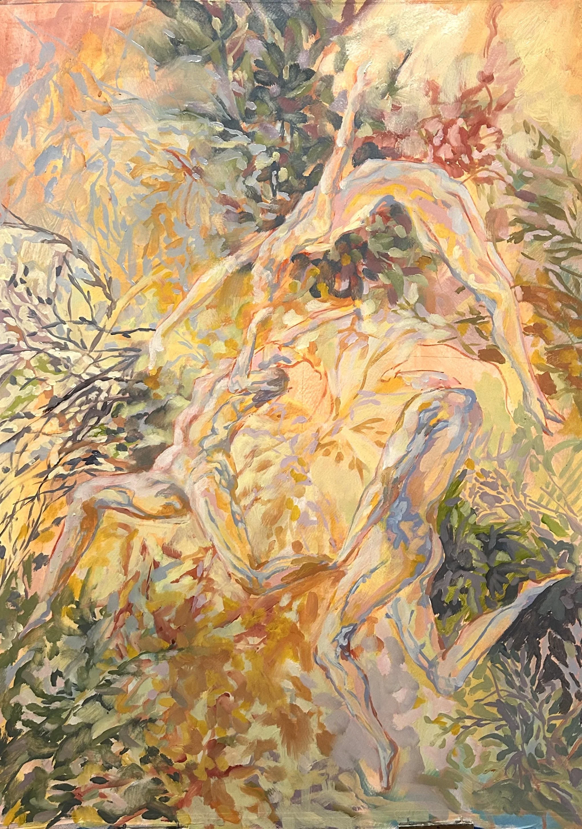 A painting of two nude women with short hair in a natural setting filled with trees and foliage, one woman seated and the other leaning over her.