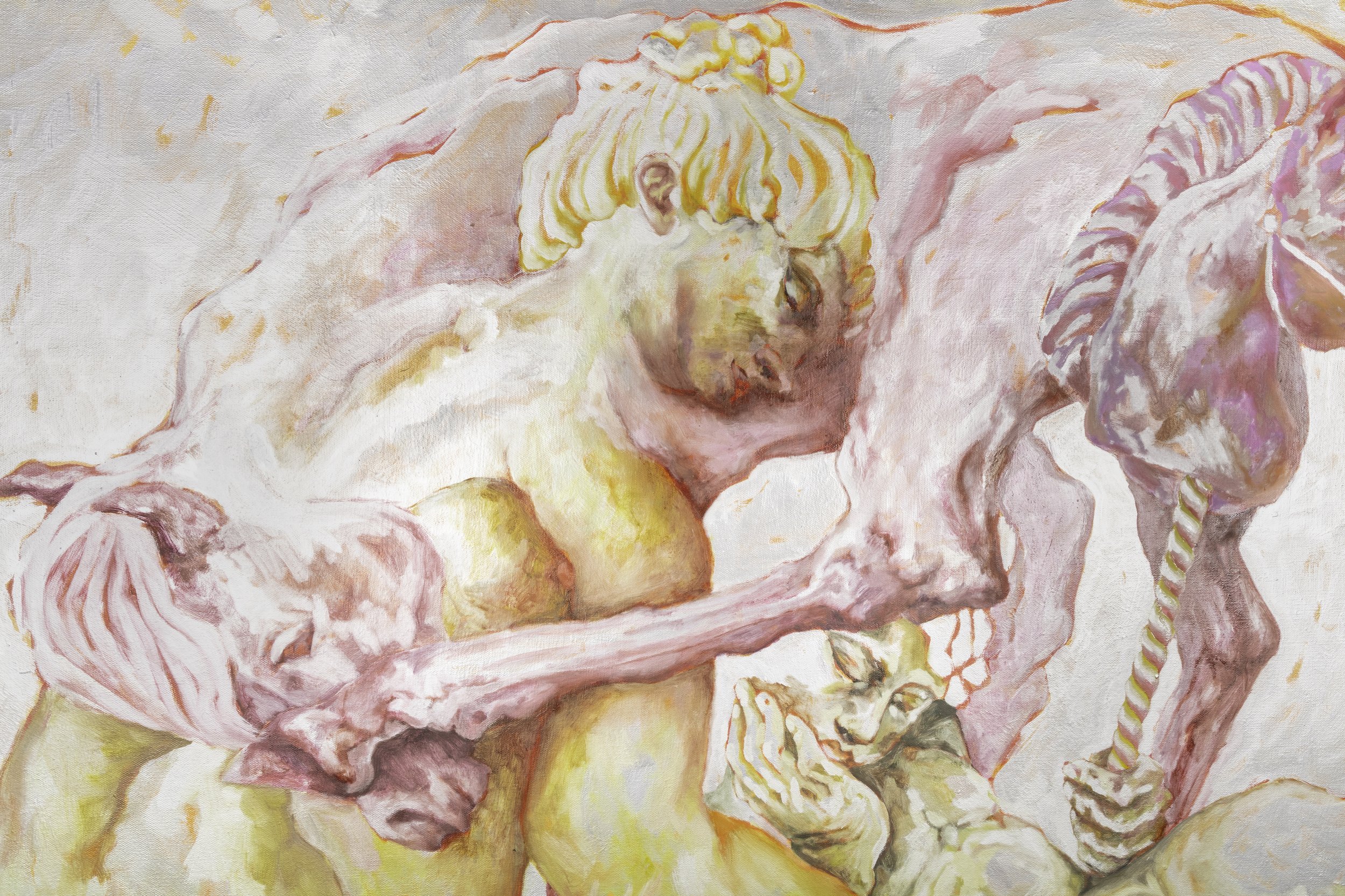 A classical-style painting of a nude woman with blonde hair, holding a small reclining nude figure, surrounded by large pink flowers.