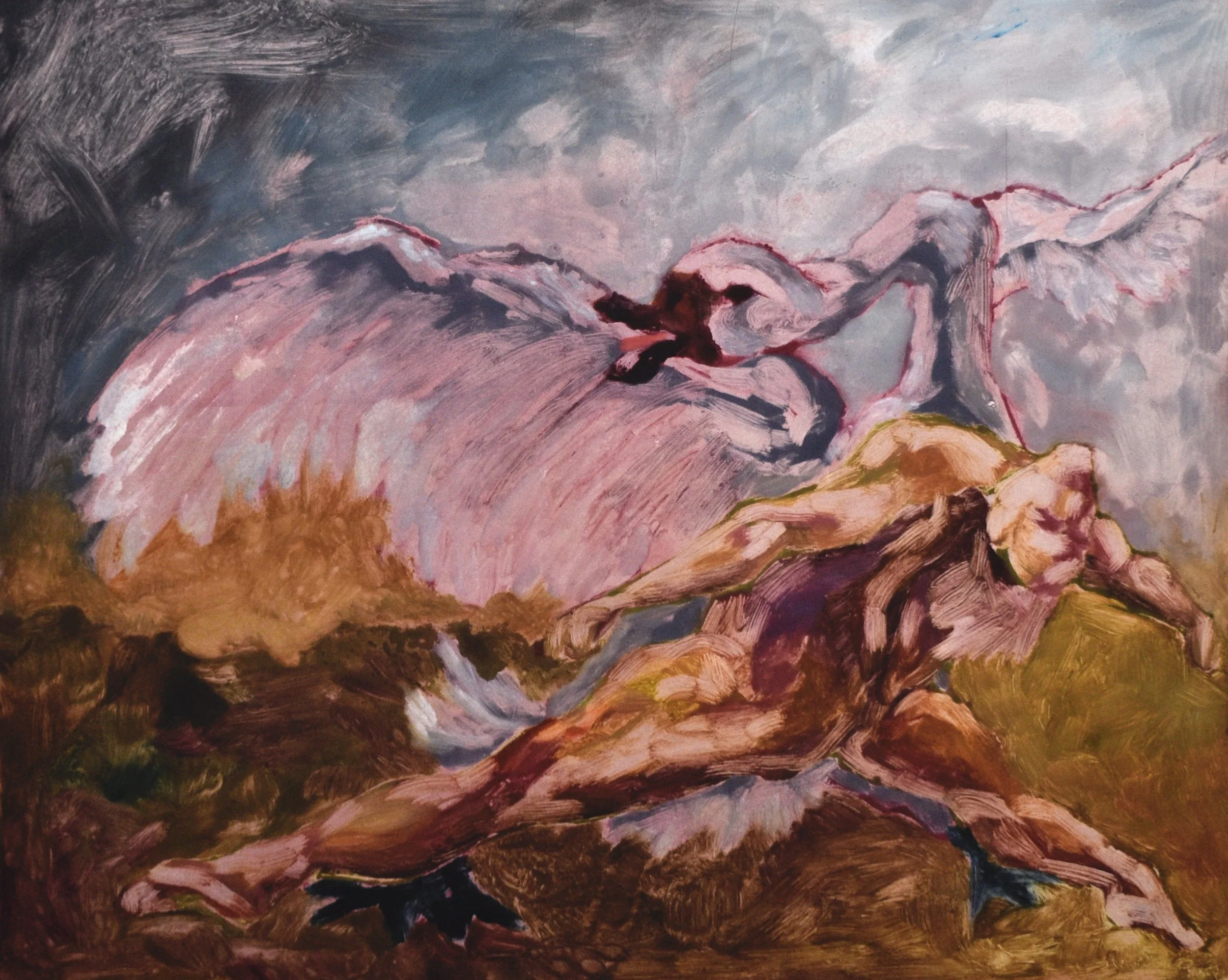 An abstract painting of two running wild horses with flowing manes and tails, depicted with broad brushstrokes in pink, brown, and green hues, on a cloudy sky background.