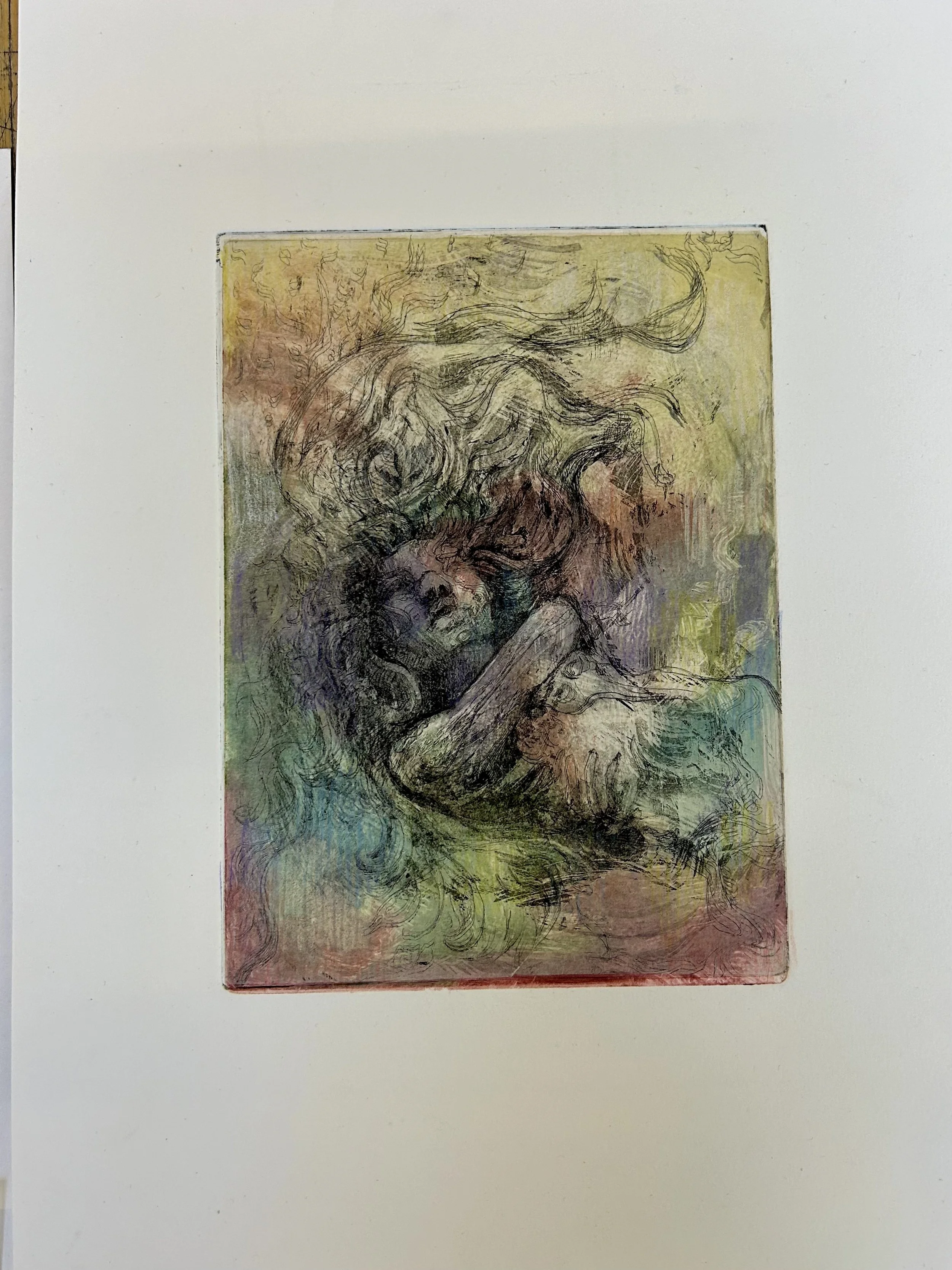 A colorful sketch of a woman with long hair, lying with her eyes closed, surrounded by a vibrant, abstract background.