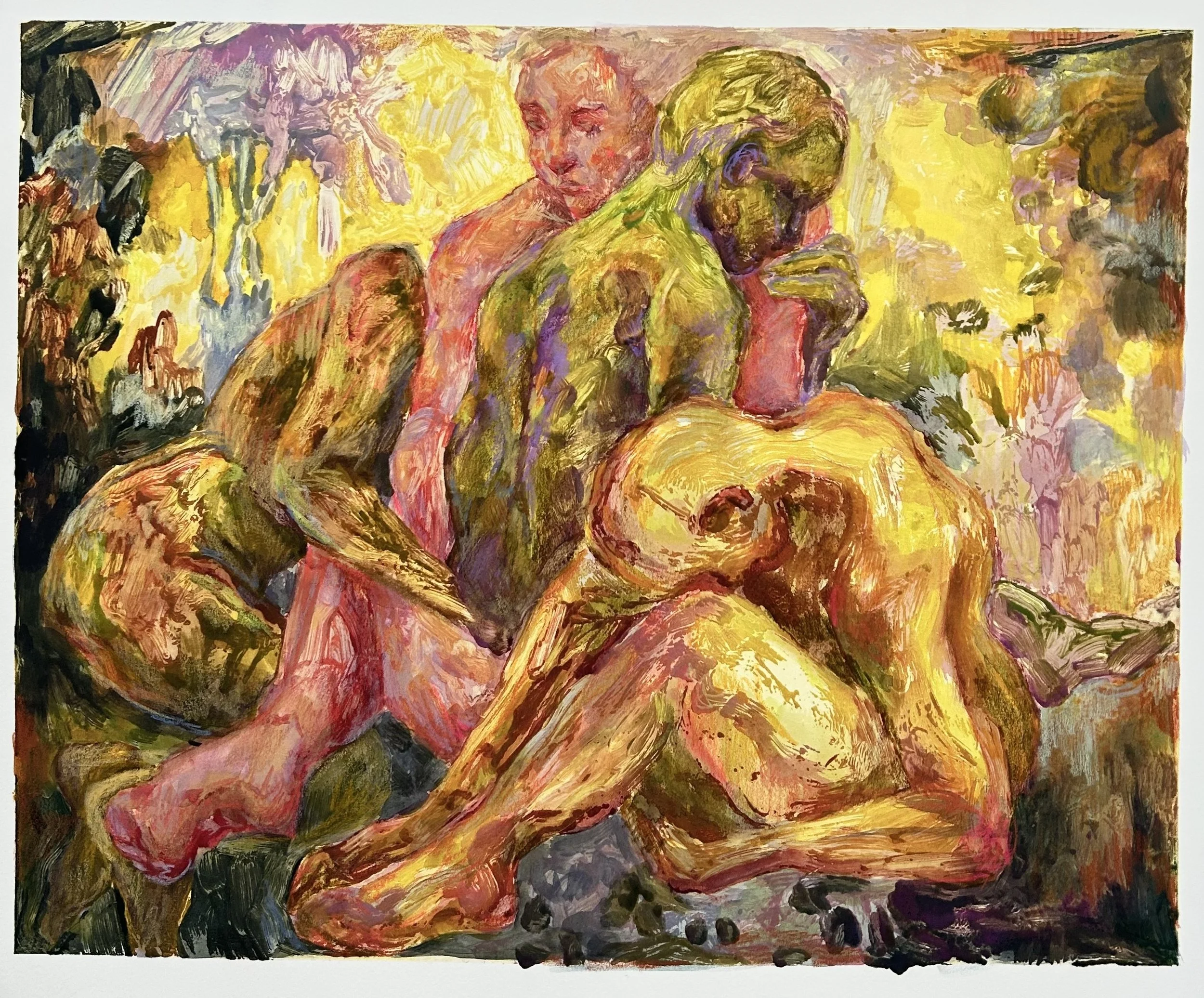 An abstract painting of three nude women in a natural setting, with vibrant and bold brushstrokes and colors including yellows, pinks, and greens.