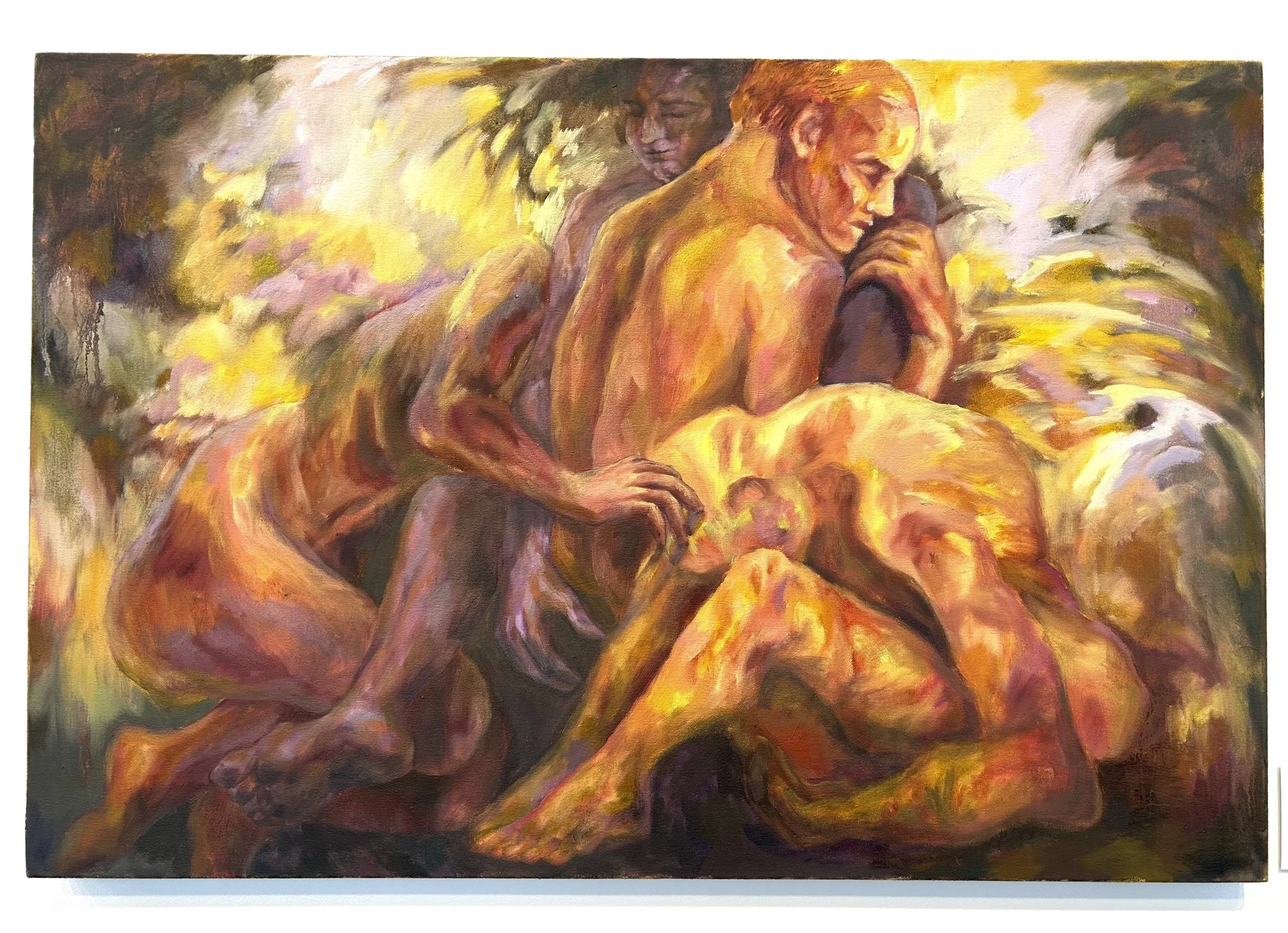 A painting depicting three nude men in an outdoor natural setting with trees, in warm tones of yellow, orange, and purple, showing an intimate scene.
