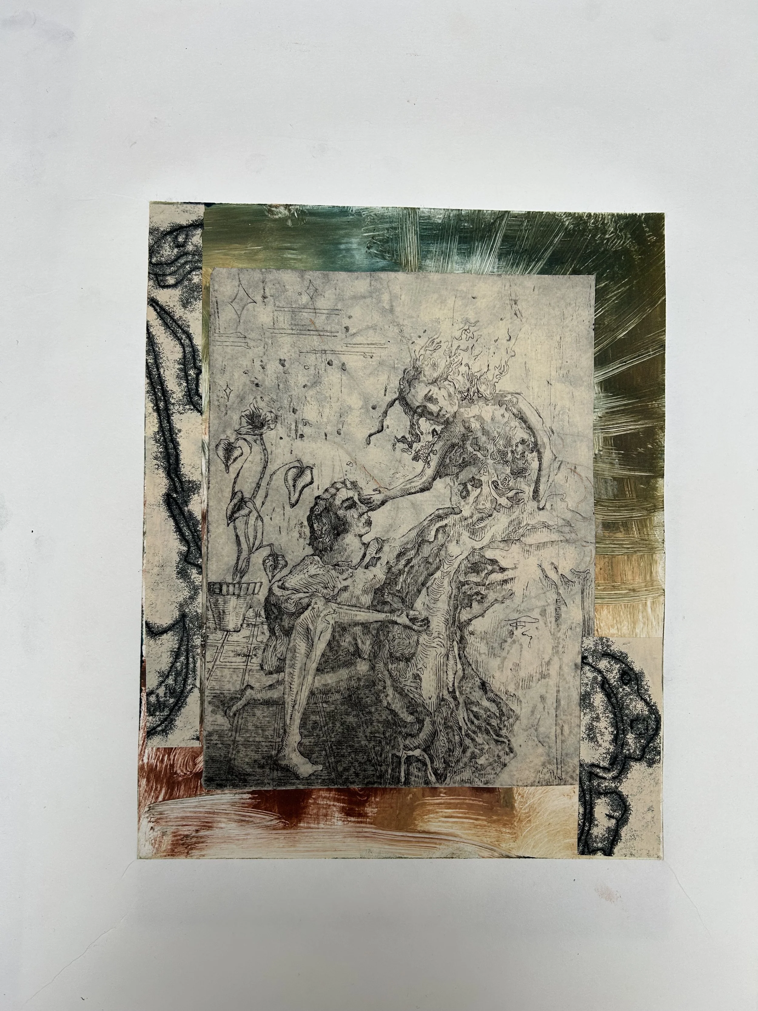 A layered collage featuring a pencil sketch of a person playing guitar in front of a tree with a spirit-like figure above, framed by abstract, colorful brush strokes in green, gold, and copper.