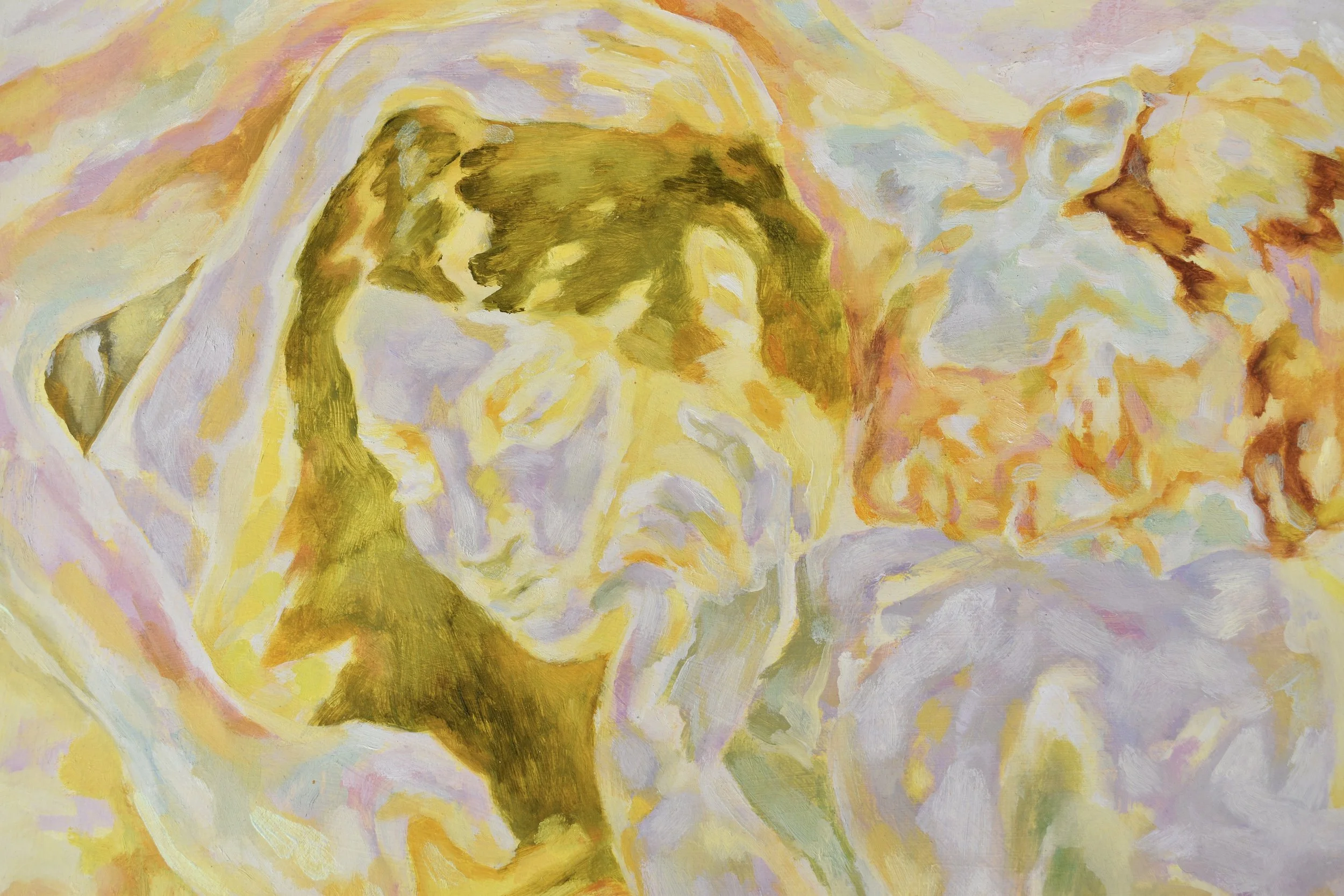 An abstract painting of a woman with her hand resting on her face, rendered with warm pastel colors and loose brushstrokes.