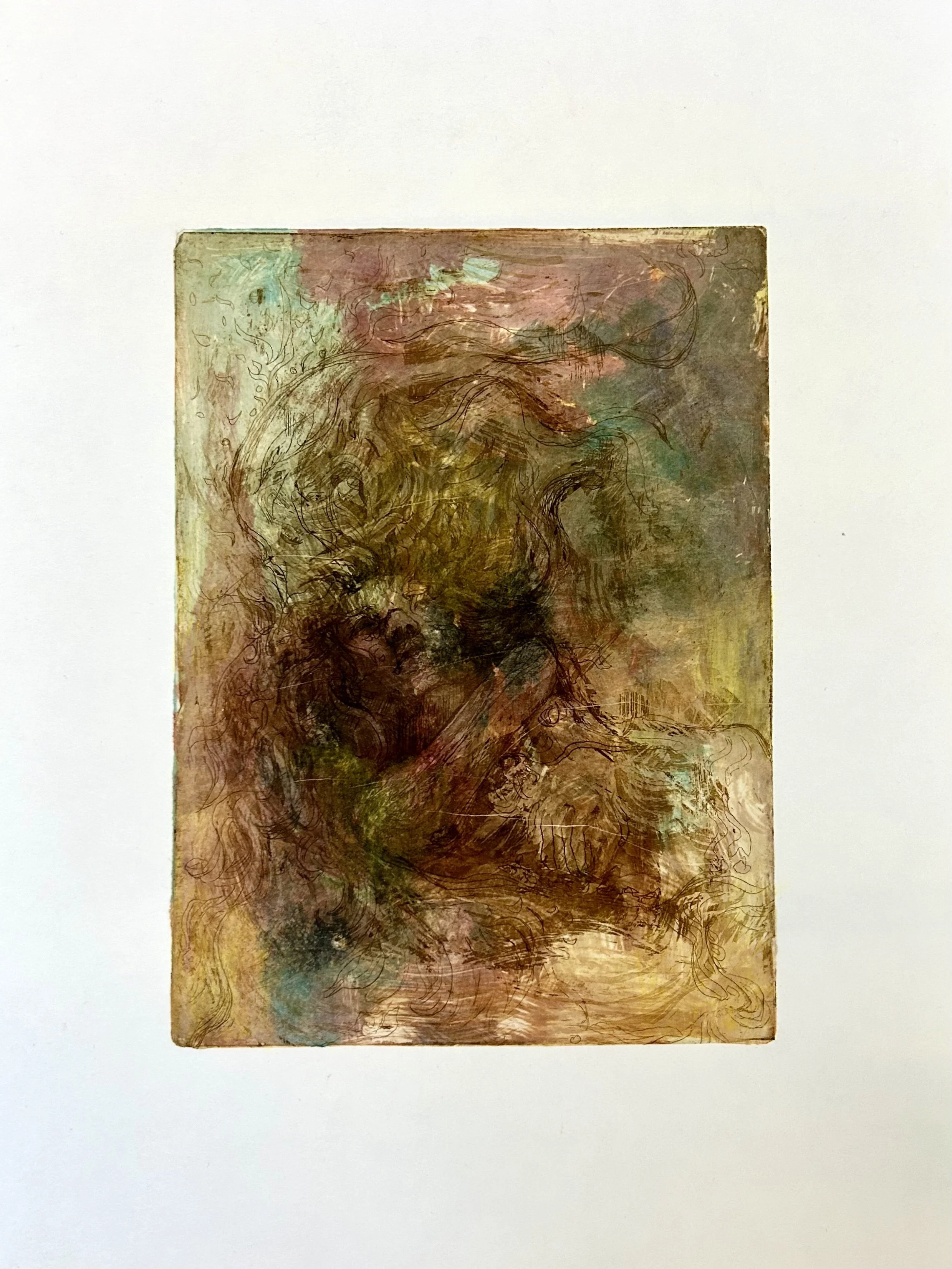 Abstract artwork with overlapping lines and muted earth-tone colors on paper.