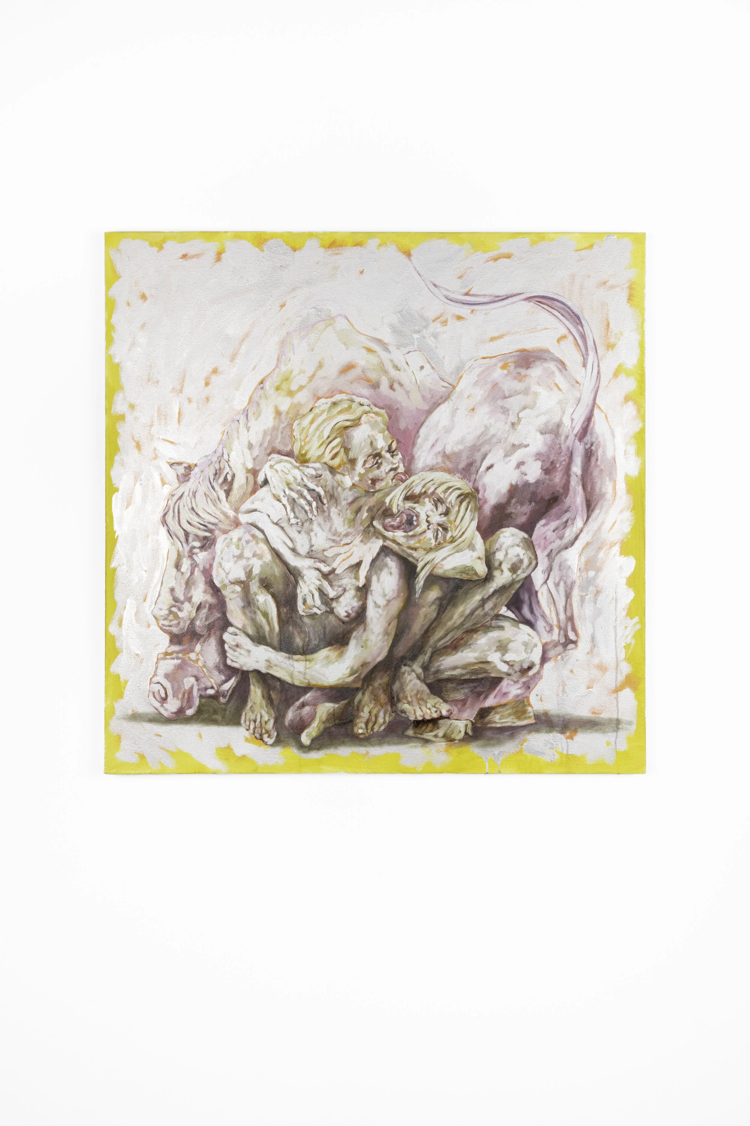 A surreal painting of human and animal figures intertwined, with a focus on strong emotional connection, using muted pinks, browns, and yellows.