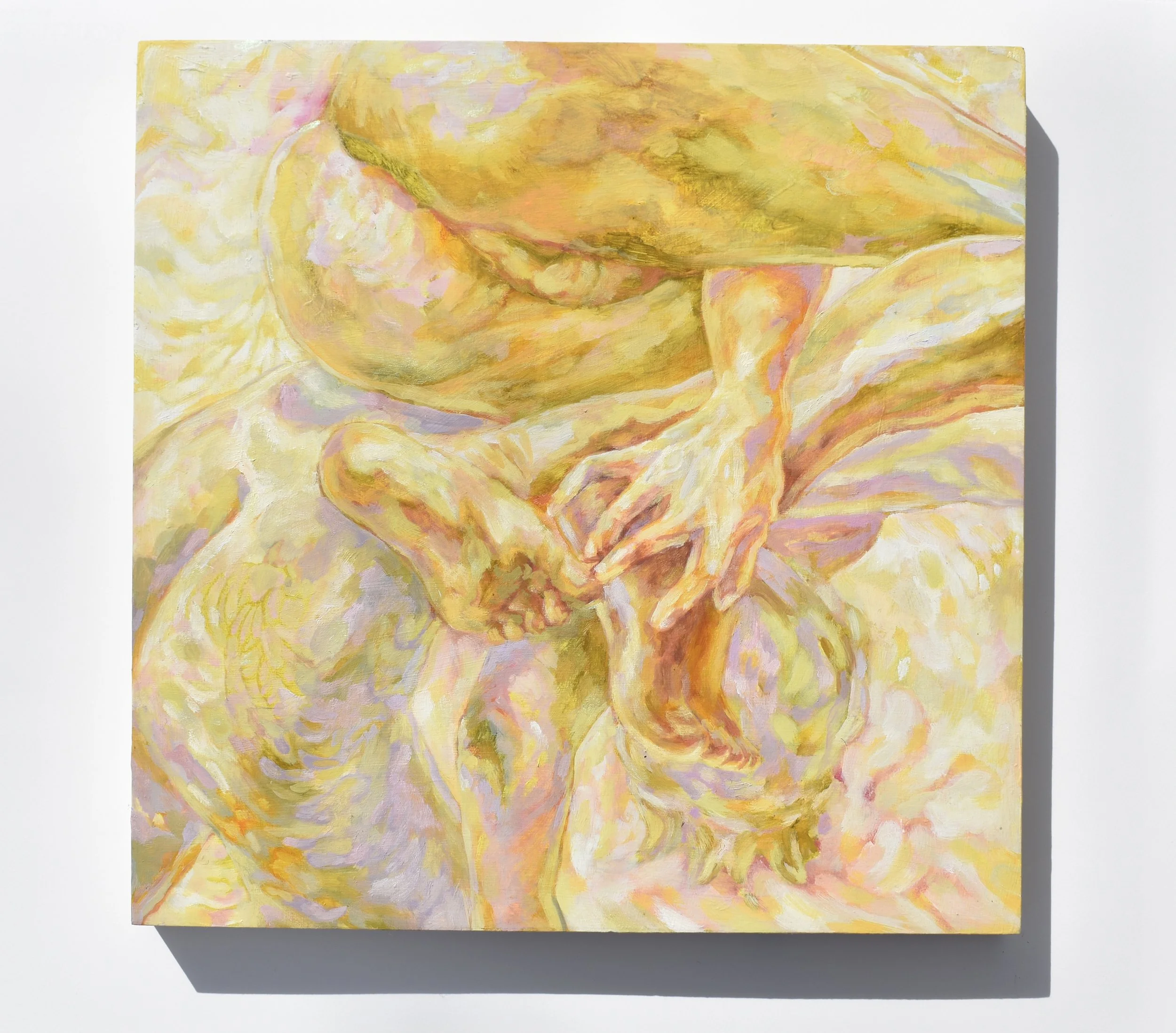 A painting of a person sitting with their head bowed, arms wrapped around their knees, painted in soft pastel colors with yellow, pink, and peach tones.