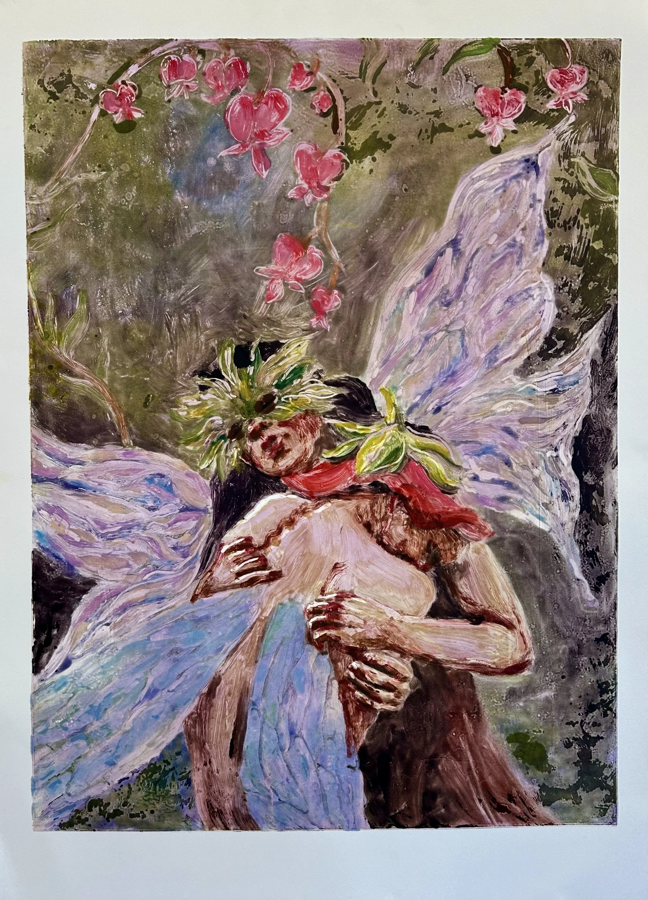 A painting depicting a fairy with large, iridescent wings hugging a person with a red hood. The fairy has floral and greenery details on their head and body, with pink flowers on one side, and is surrounded by a mystical, greenish background.