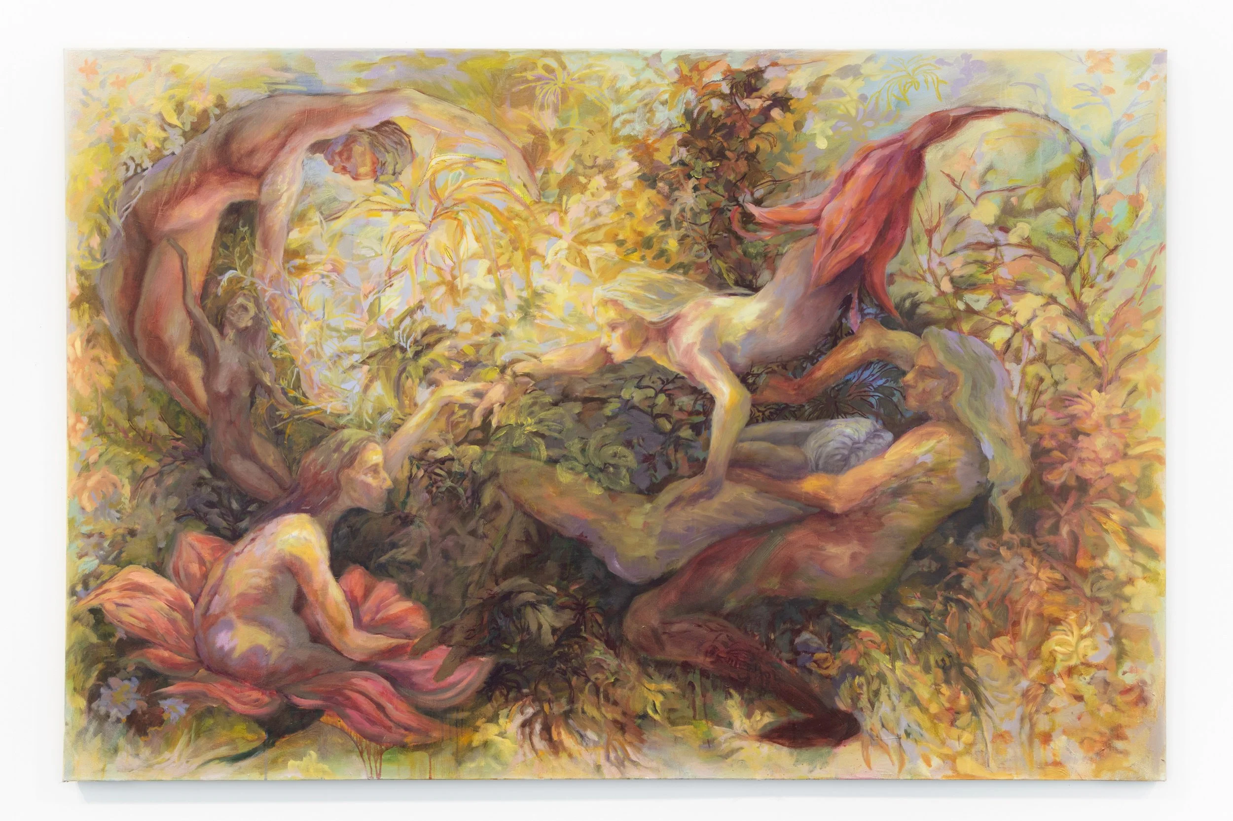 A fantasy painting of four nude women with flowing hair in a lush, sunlit forest. One woman has a horse's head from the waist up, and a horse's body at the bottom, surrounded by colorful foliage.