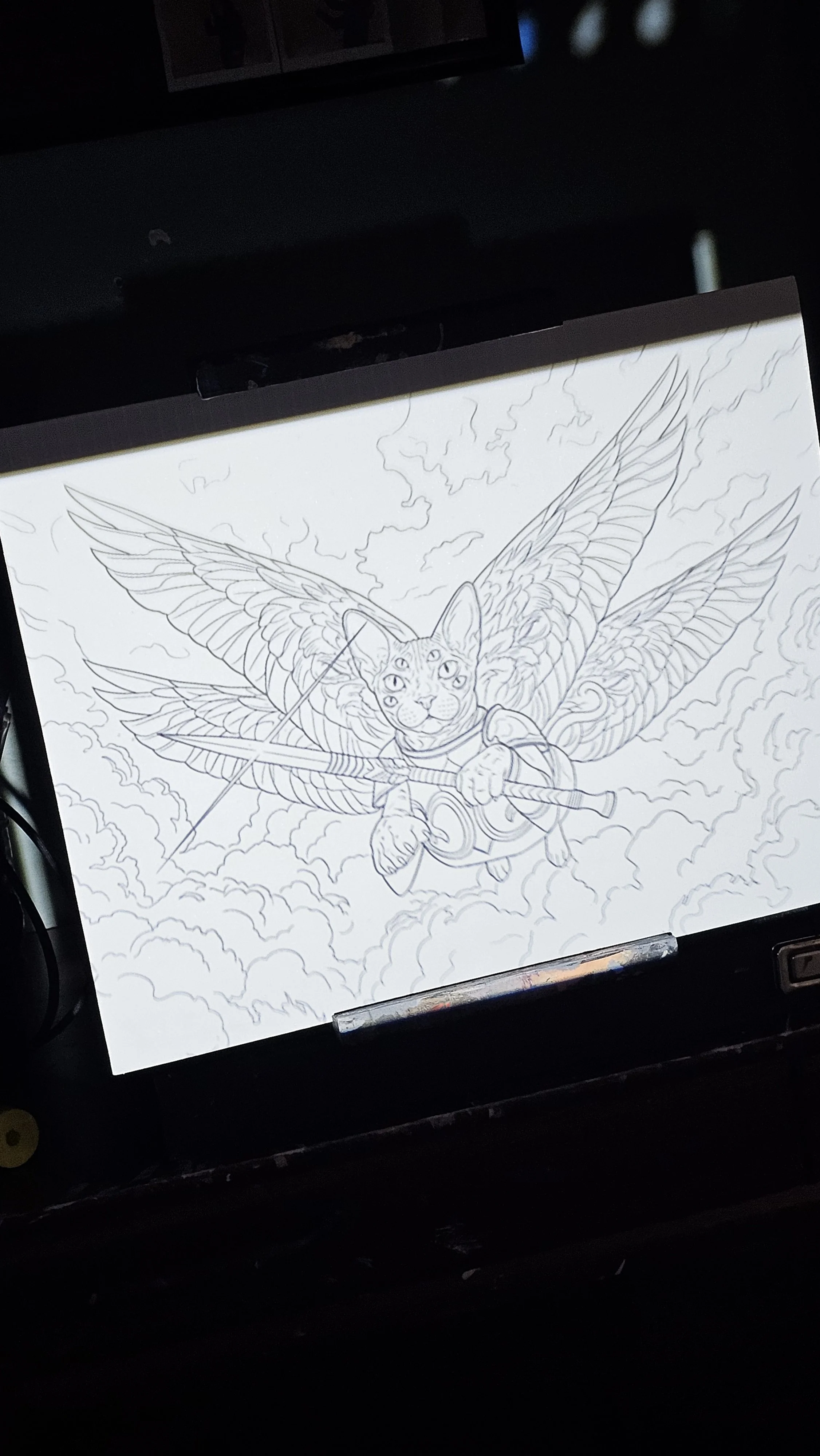 My angel line drawing projected onto canvas board.