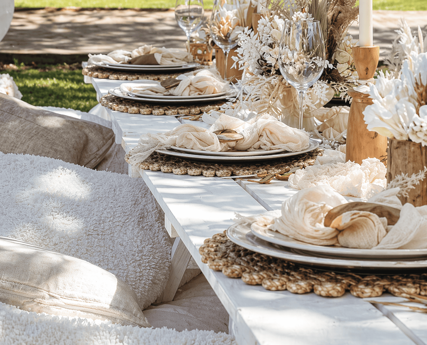 beige boho picnic setup