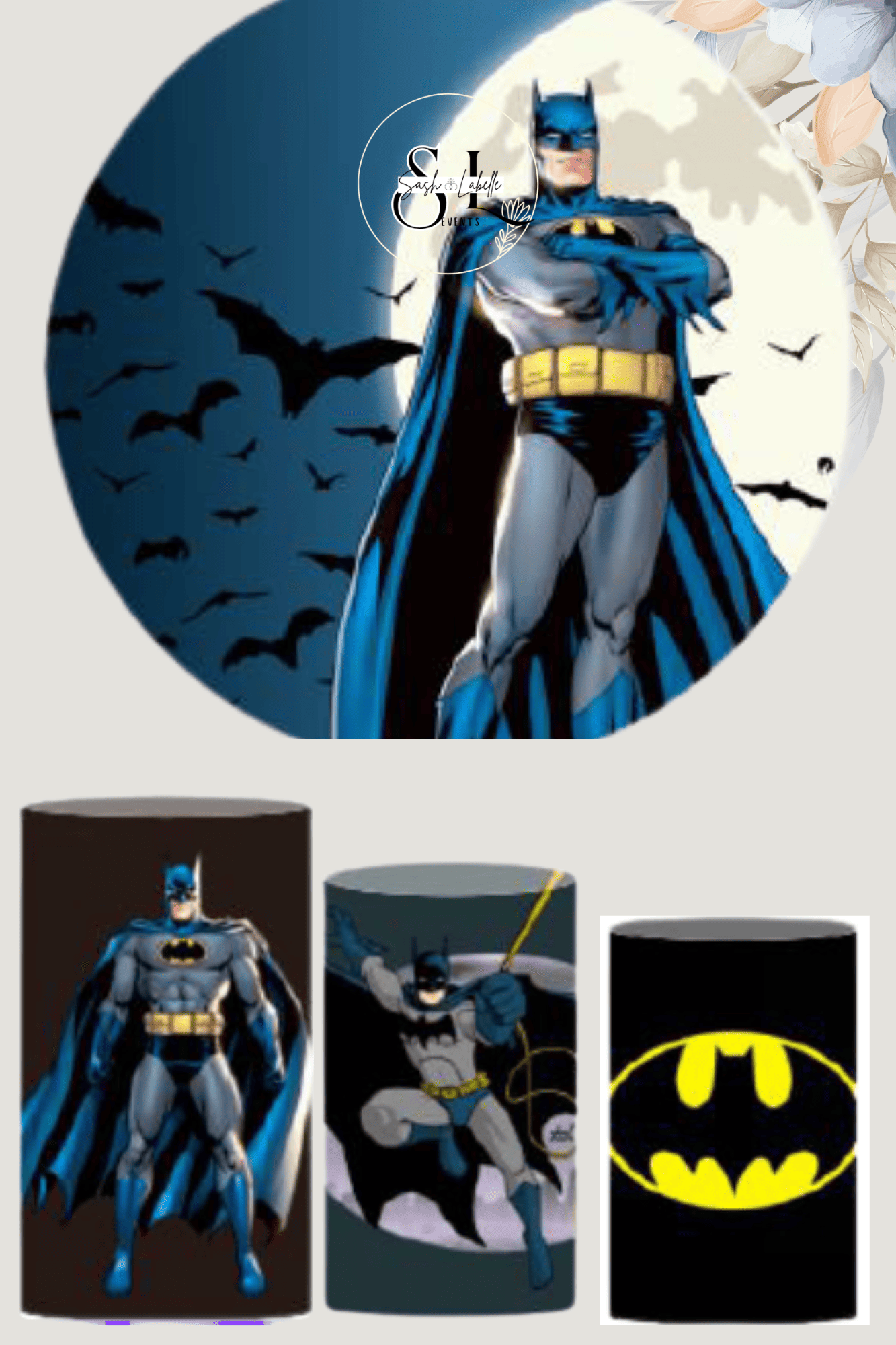 Collection of Batman-themed party supplies, including a large Batman illustration with bats and moon background, and smaller Batman icons on cups and boxes.