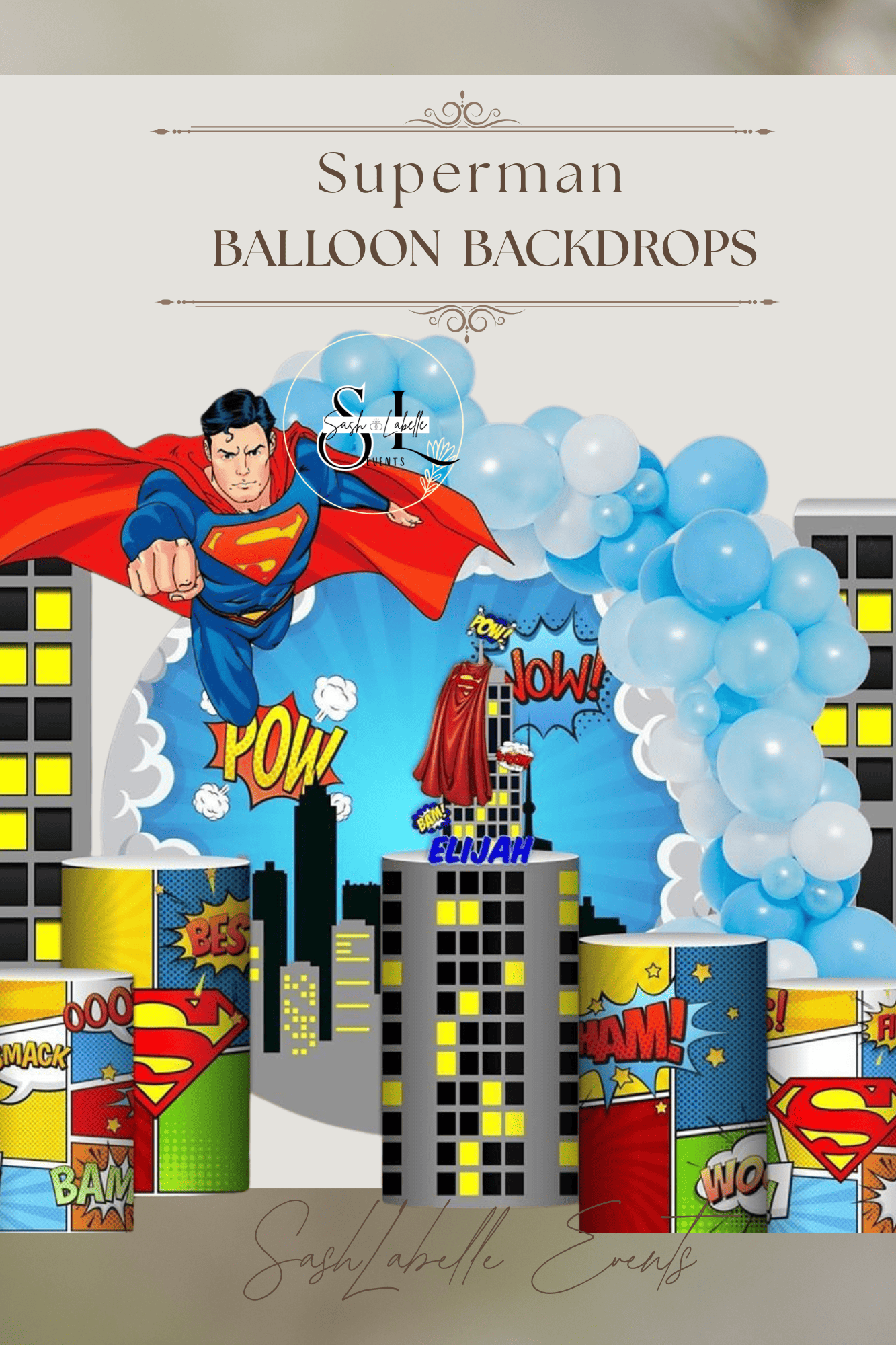 Superman hero-themed balloon backdrop with comic book style cityscape, comic sound effects like wow and bam, and a Superman figure flying through the sky, decorated with light blue balloons and comic book patterns.