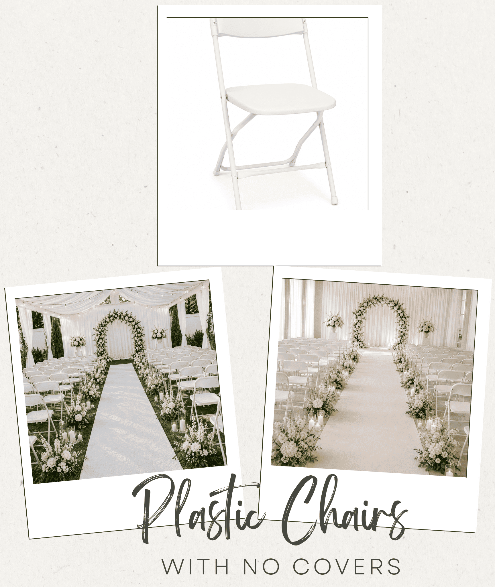 Sign displays plastic chairs with no covers for outdoor wedding ceremony, featuring floral arch and aisle with candles.