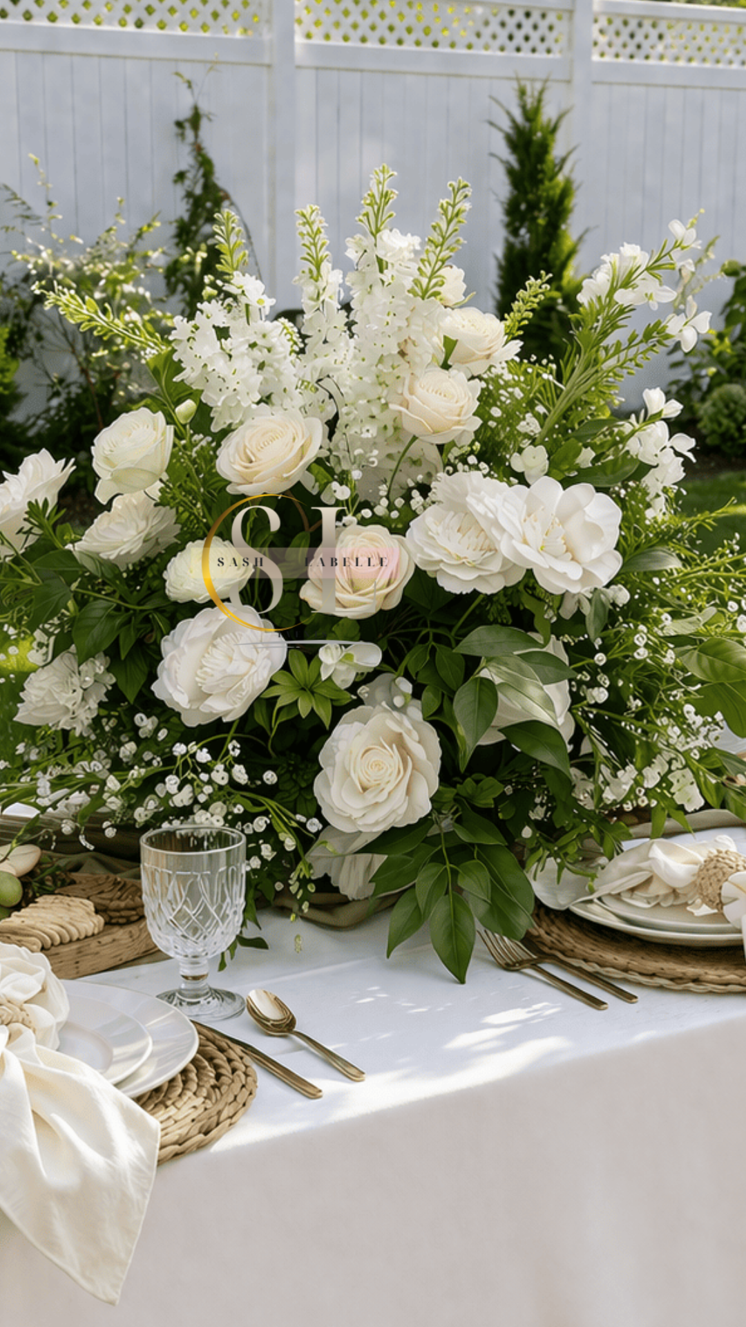A white floral centerpiece on a table with place settings, gold flatware, and a glass, in an outdoor setting with a white fence in the background.