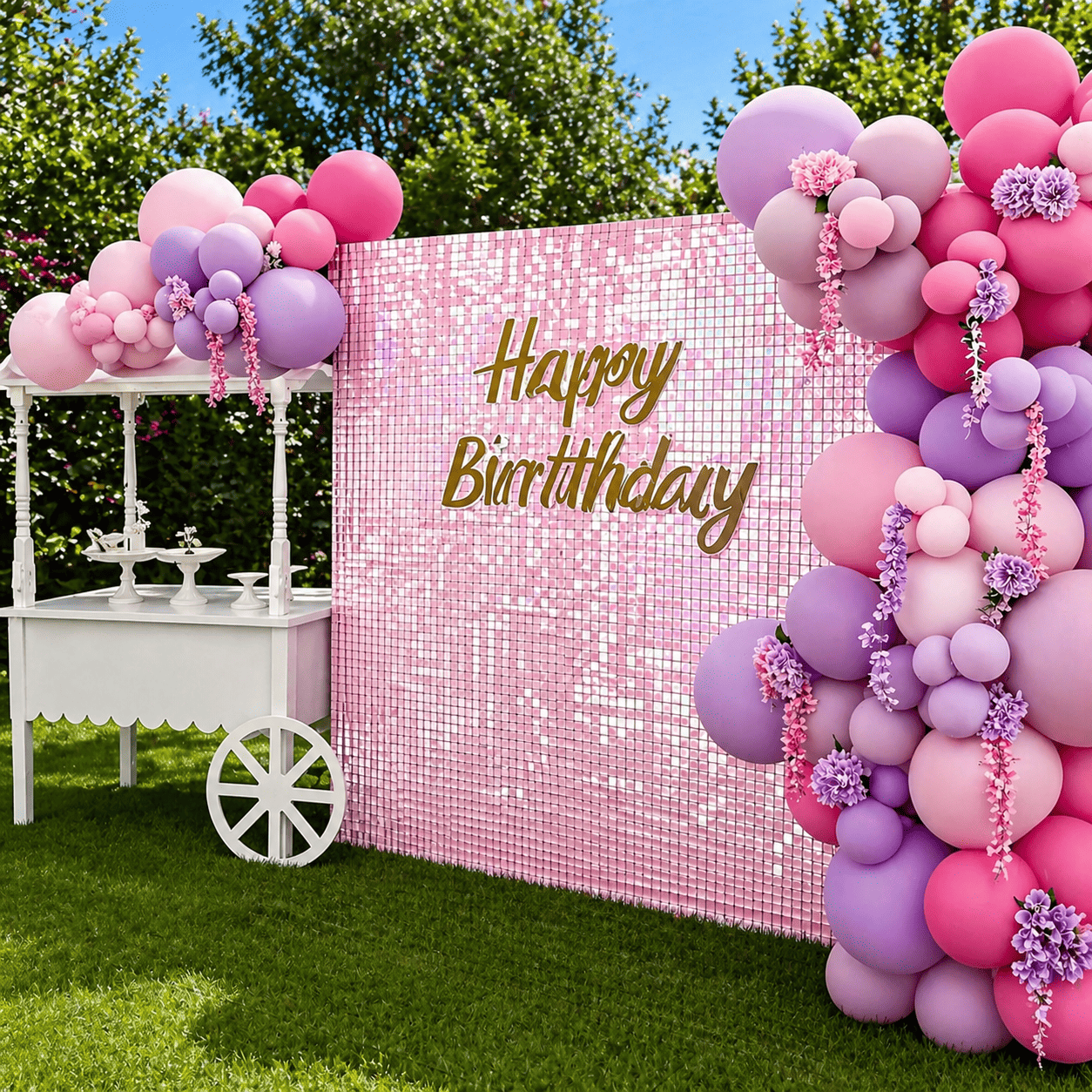 Pink and purple balloon decorations with a pink mosaic backdrop that reads 'Happy Birthday' in gold lettering, set outdoors on a sunny day.