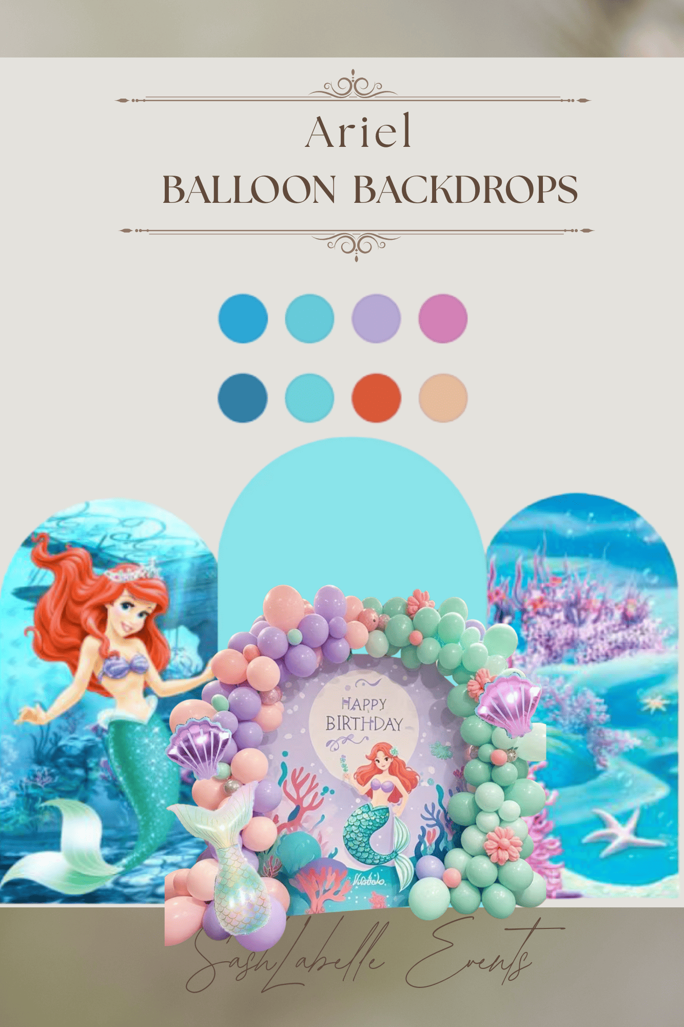 Underwater themed birthday party decor featuring an Ariel mermaid illustration, colorful balloon arrangements, and a 'Happy Birthday' sign with mermaid and sea creature illustrations.