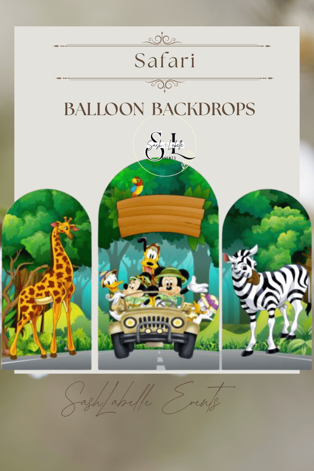 Decorative poster advertising a safari-themed balloon backdrop with cartoon animals including a giraffe, zebra, and a group of animals in a safari vehicle.