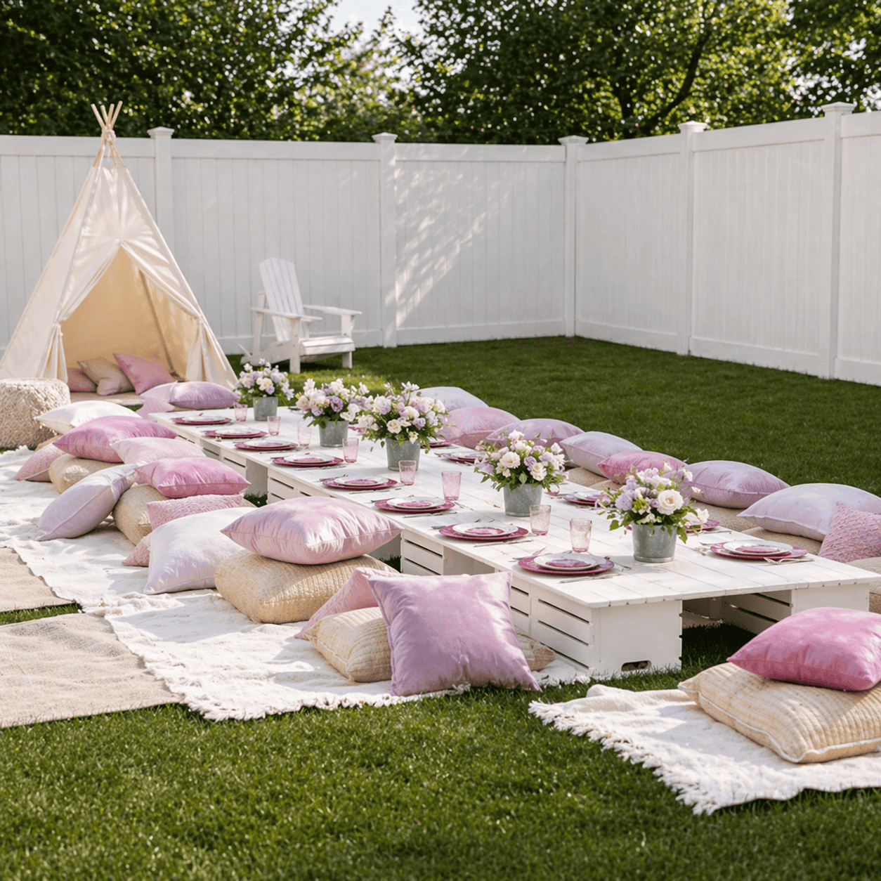 Outdoor garden setup with a low white table, pink and beige cushions, floral centerpieces, and a small beige tent, enclosed by a white fence with green trees in the background.