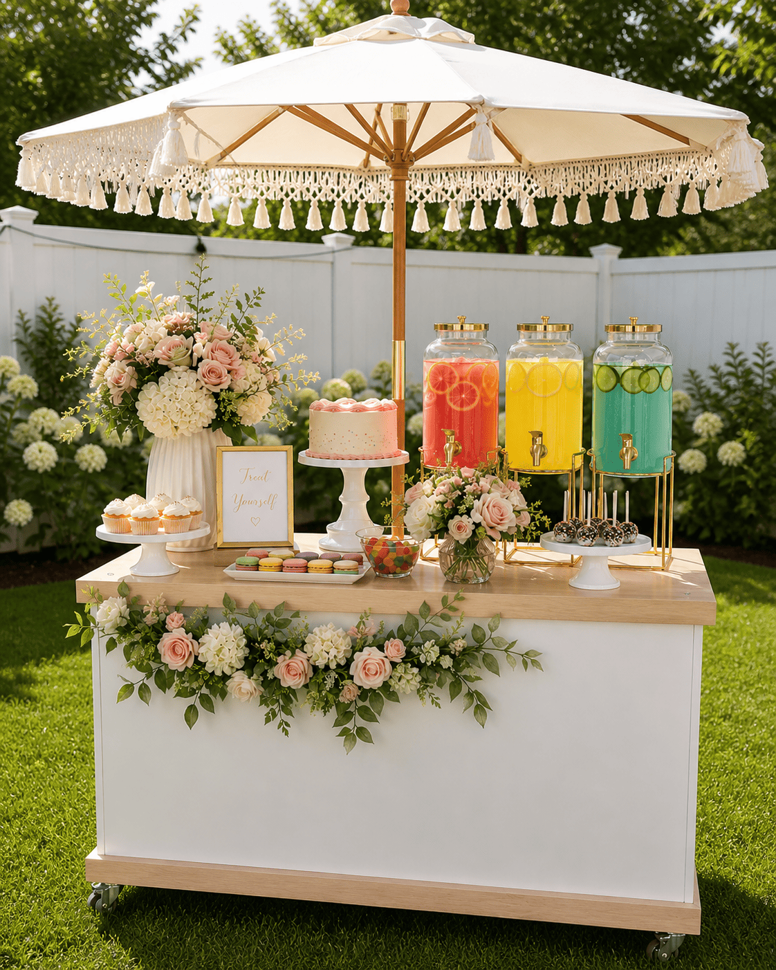 Outdoor beverage and dessert station with a white umbrella, floral arrangements, a pink cake, cupcakes, colorful macarons, and three large dispensers of fruit-infused drinks, decorated with pink and white flowers and a small sign that says 'Treat You