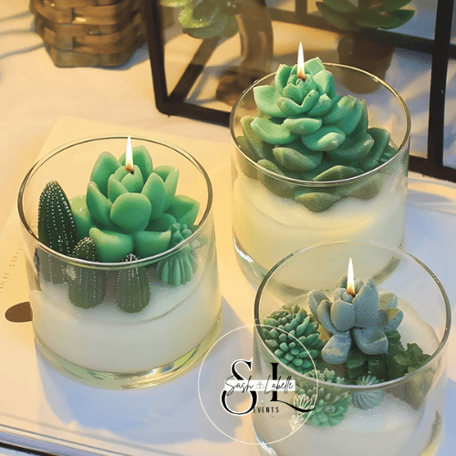 Three candles shaped like succulent plants inside glass holders, with a small cactus decoration in the first candle, and a white surface background.