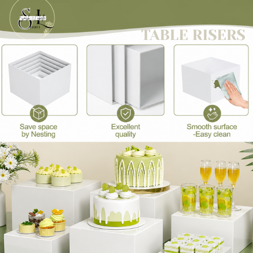 Table risers with a nest-like design for saving space, made of high-quality, easy-to-clean material, shown on a table with decorated cakes and drinks for an event.