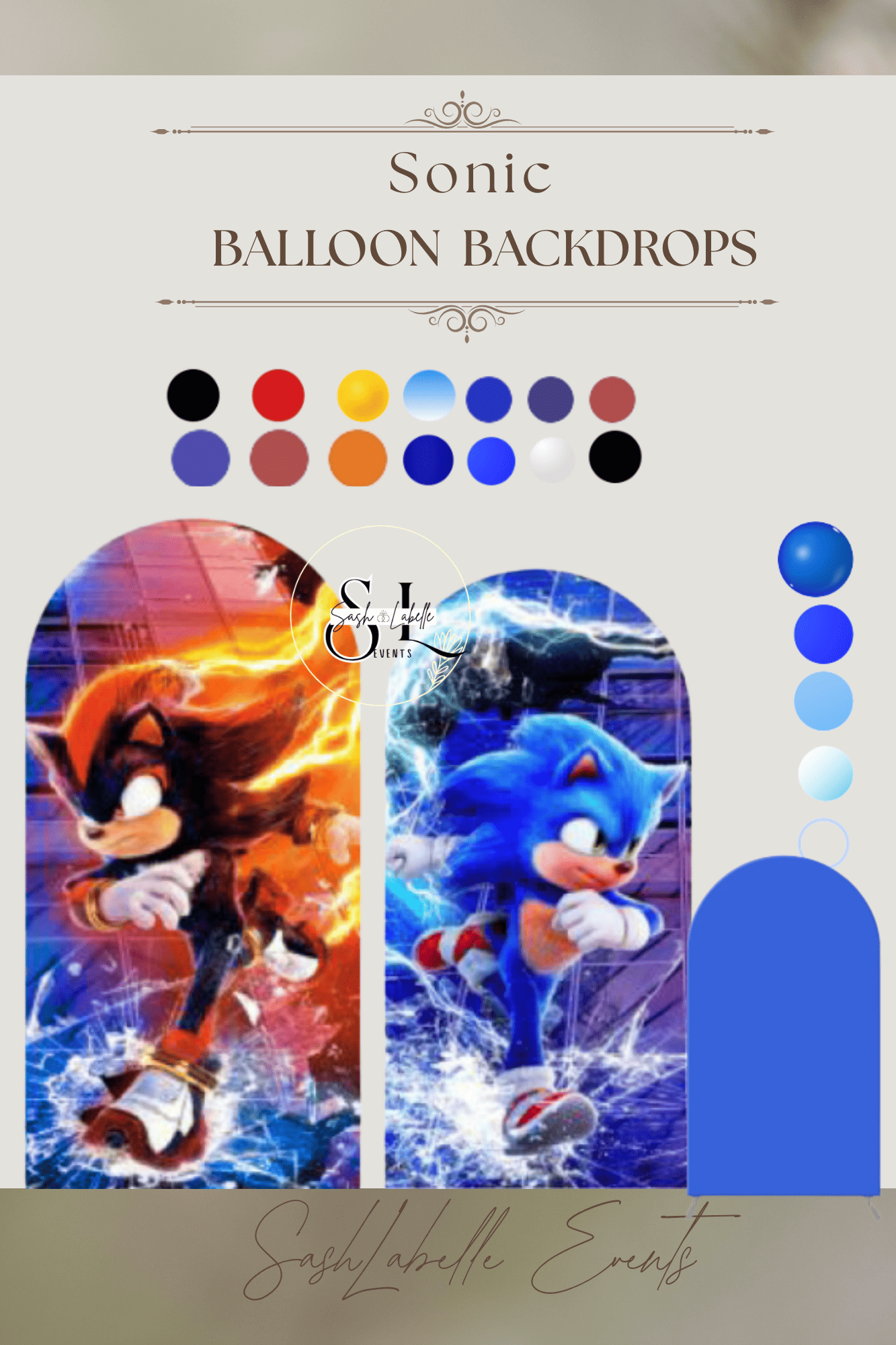 Promotional flyer for Sonic Balloon Backdrops featuring images of Sonic the Hedgehog in fire and ice themes, with color options displayed at the top, and decorative text and logo in the center.