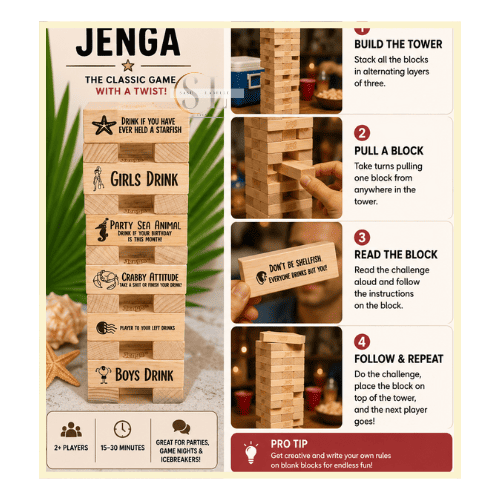Instructions and images for playing Jenga, including stack blocks, pull a block, read the block, follow and repeat, with tips for fun gameplay.