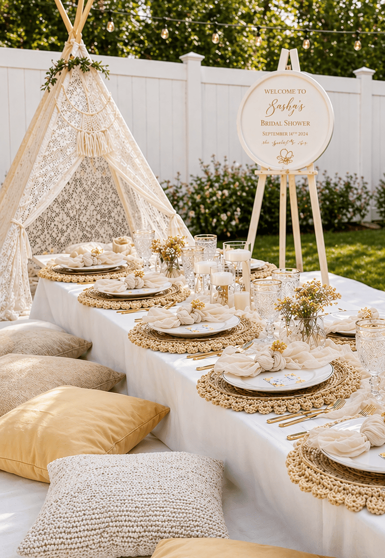Decorated outdoor table set for a bridal shower with a tepee, pillows, a white tablecloth, floral centerpieces, candles, and a welcome sign on an easel.