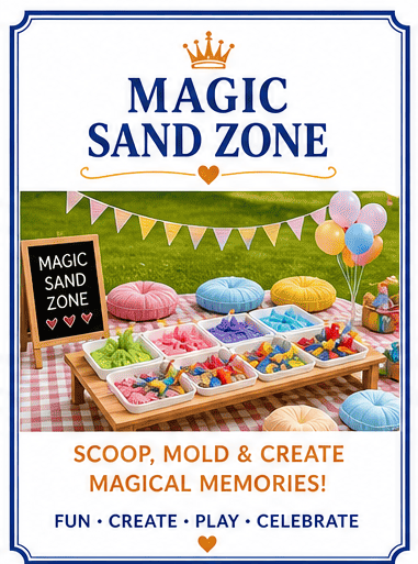 Sign for Magic Sand Zone with colorful sand and toy tools for sand play, balloons and outdoor setting.
