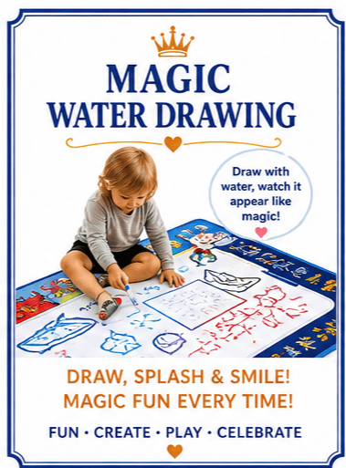 Child drawing on a water drawing mat with water, creating images that appear like magic.