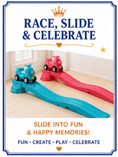 Promotional poster with the text 'Race, Slide & Celebrate' at the top. The poster features two toy cars, one pink and one blue, each with a small slide attached, in a room with wooden flooring and white walls. The text at the bottom reads 'Slide into
