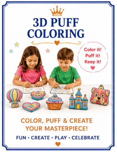 Children coloring 3D puff foam craft set with cupcake, castle, and dog designs, on the packaging of a coloring kit.