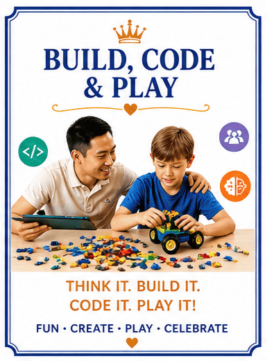 Cover of a children's building toy set with the title 'Build, Code & Play'. Shows an adult and a child playing with a small robot made of colorful plastic bricks, surrounded by scattered bricks. Includes icons of coding symbols, a group of people, an