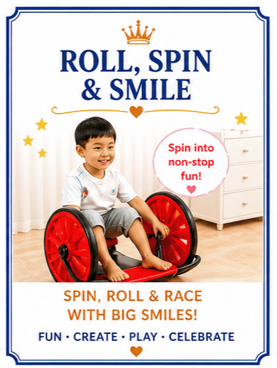 A young boy sitting inside a red and black wheel device, smiling and playing. The image promotes fun activities involving spinning, rolling, and racing with big smiles, with colorful and playful graphics.