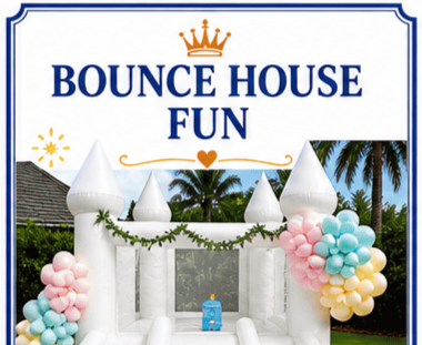 A white inflatable bounce house decorated with pastel balloons and greenery, with a blue cake inside, set outdoors near palm trees.
